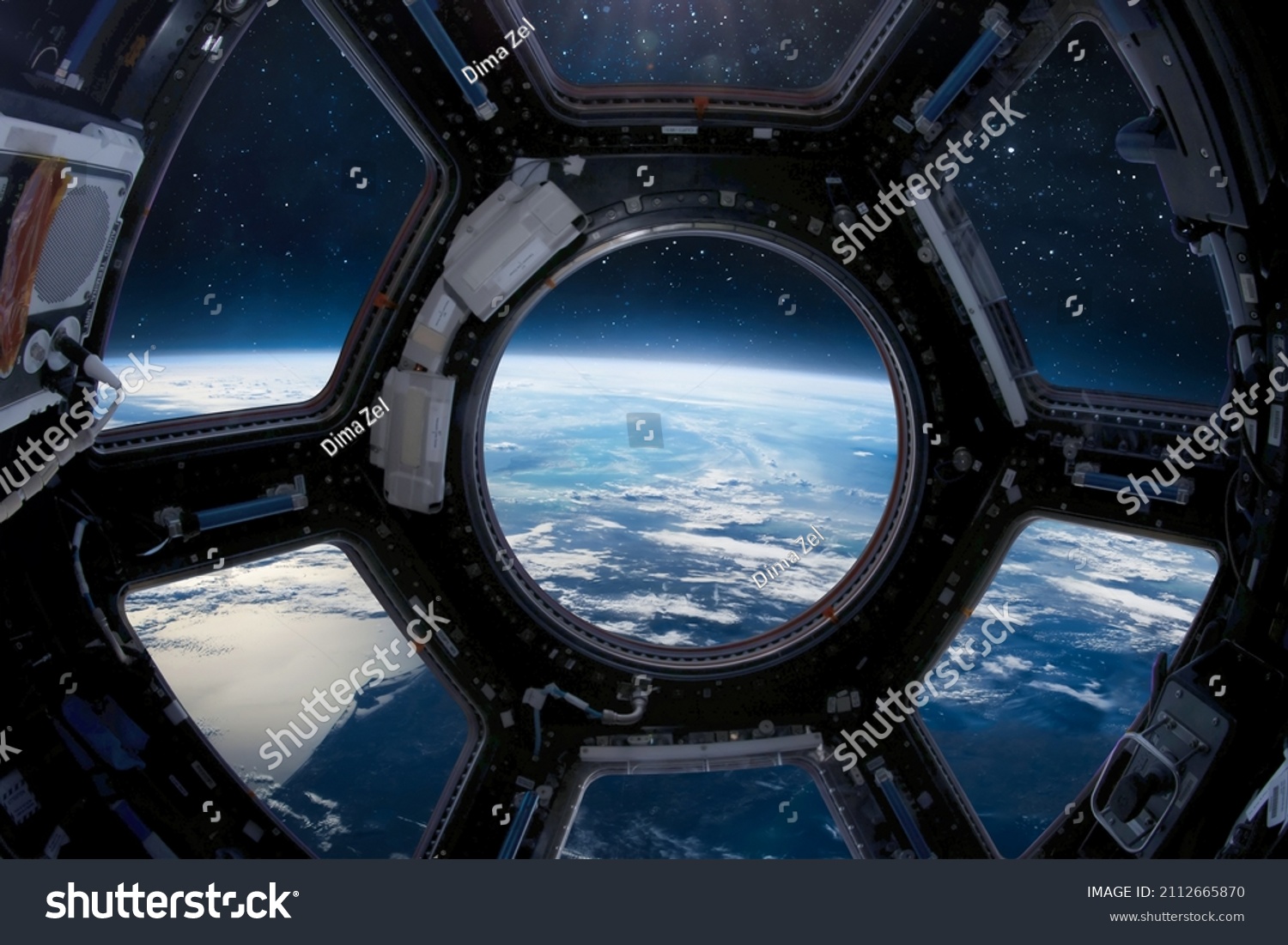 View from cupola module porthole of ISS space station on Earth and outer space. Sci-fi collage. Elements of this image furnished by NASA #2112665870