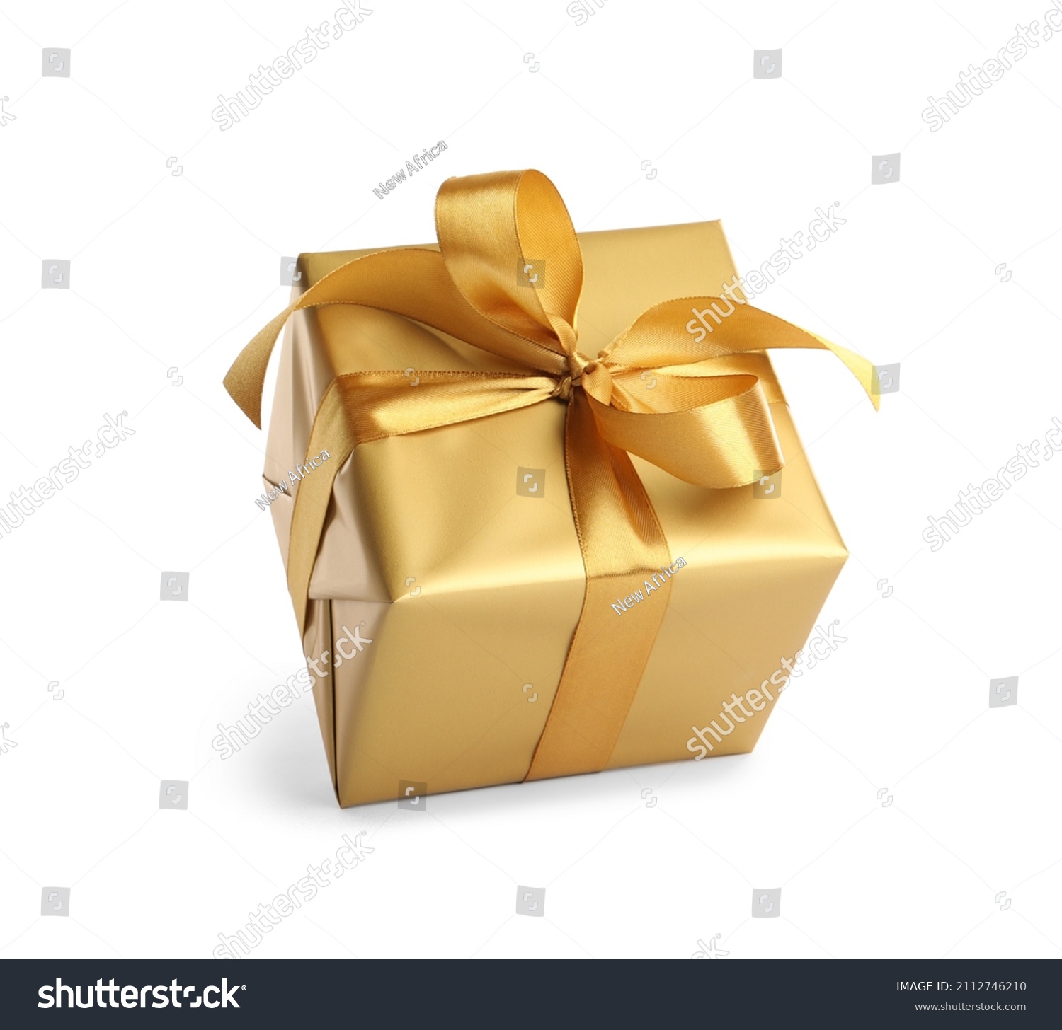 Gift box with golden ribbon and bow on white background #2112746210
