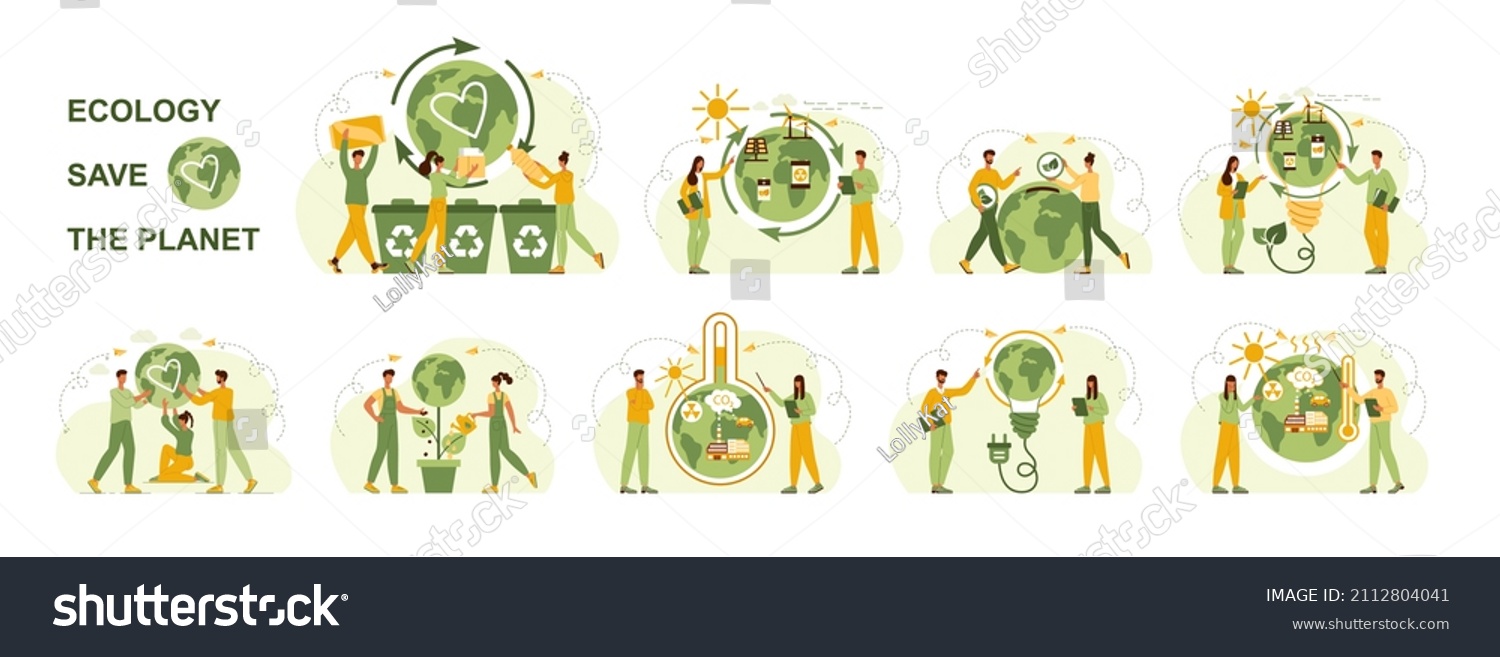Ecology set. Concept eco, save planet, waste sorting, global warming, climate change, alternative energy - solar battery, windmill. Save the environment and planet earth. Flat vector illustration #2112804041