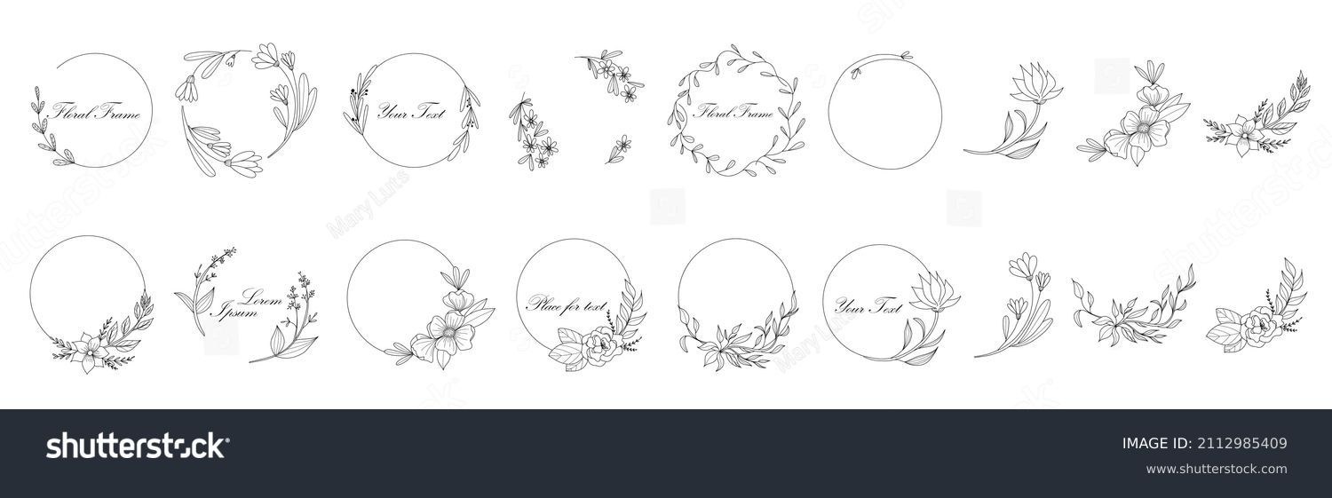 Botanical circle frame. Hand drawn round line border, leaves and flowers, wedding invitation and cards, logo design and posters template. Elegant minimal style floral vector isolated set #2112985409