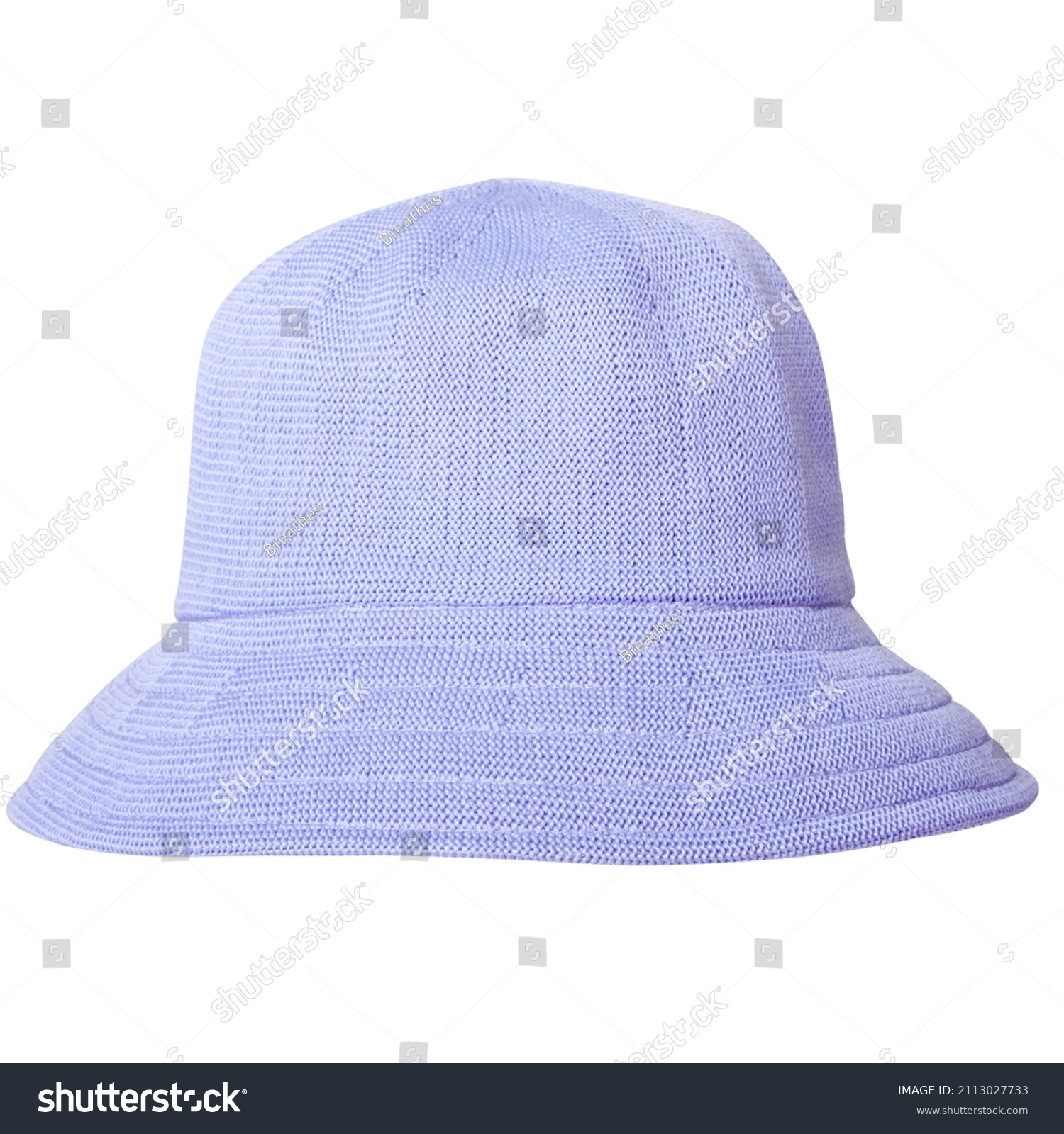 Stylish light blue violet summer hat or bucket hat for ladies or women. Woven cloche hat for girls on white background. Closeup. Detail. #2113027733