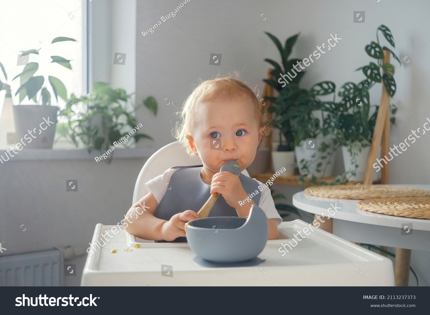 A baby making its first attempts to eat by itself. An infant sitting in highchair in dinning room, holding a spoon and eating #2113237373