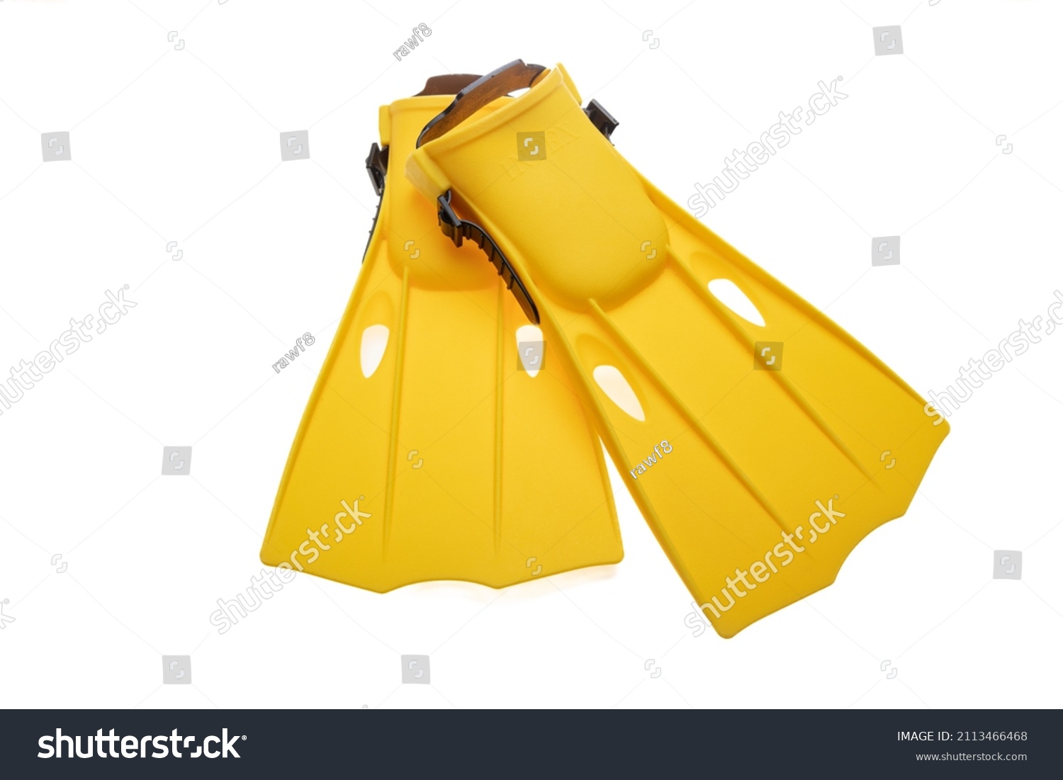 Flippers yellow isolated cutout on white background. Overhead view of pair of fin footwear, swim and dive sea equipment. Sport, activity, leisure. #2113466468