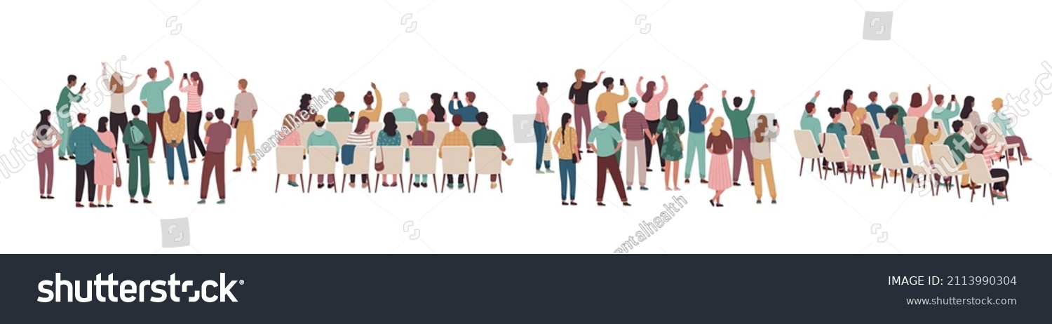 Rear view of academic auditorium, fan audience, people crowd. Set of viewers of performance. Standing and sitting spectator backs. Cartoon flat vector collection isolated on white background #2113990304