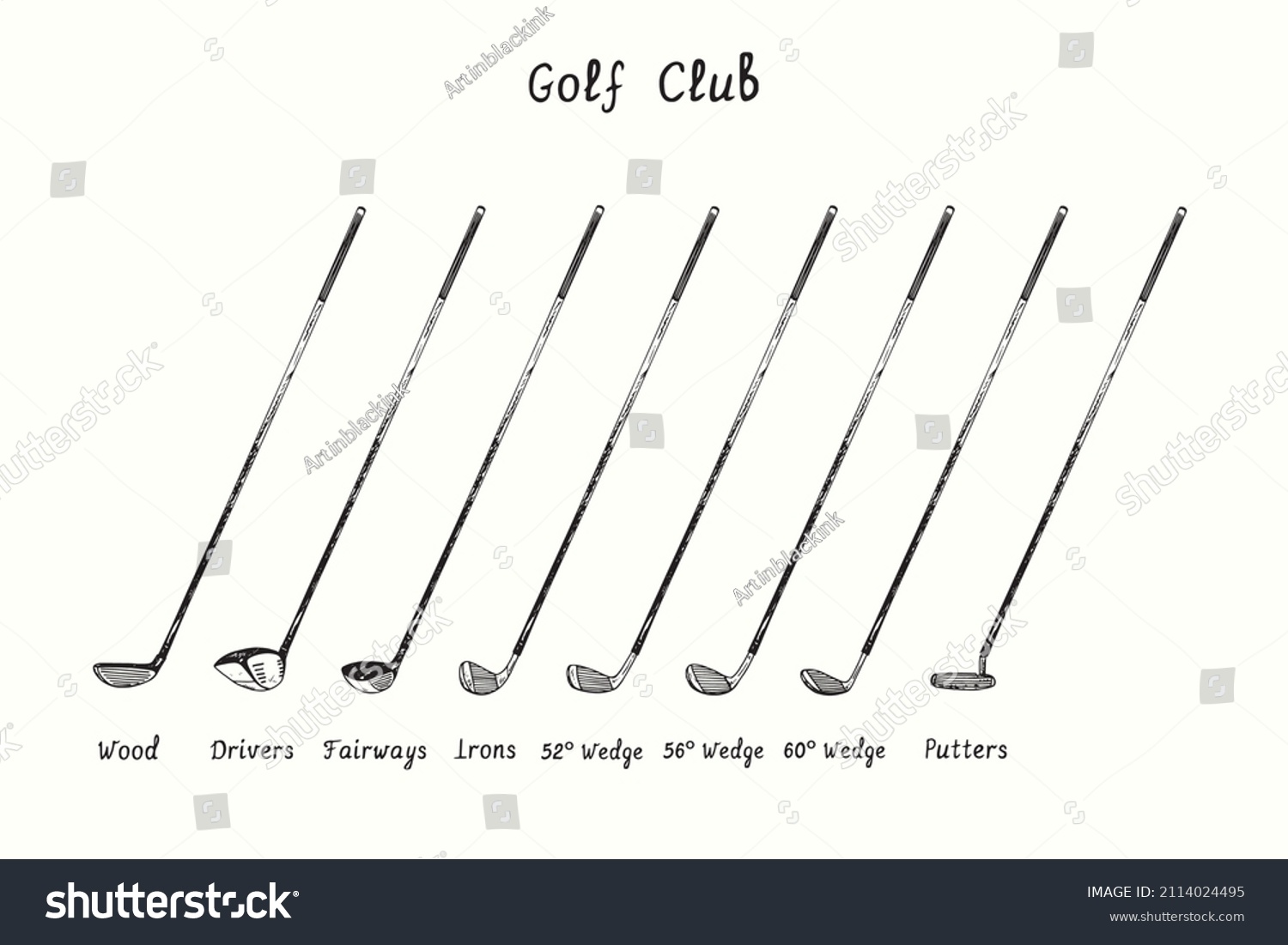 Golf Club types. Wood, Drivers, Fairways, Irons,  52° Wedge, 56° Wedge, 60° Wedge, Putters. Ink black and white doodle drawing in woodcut style. #2114024495