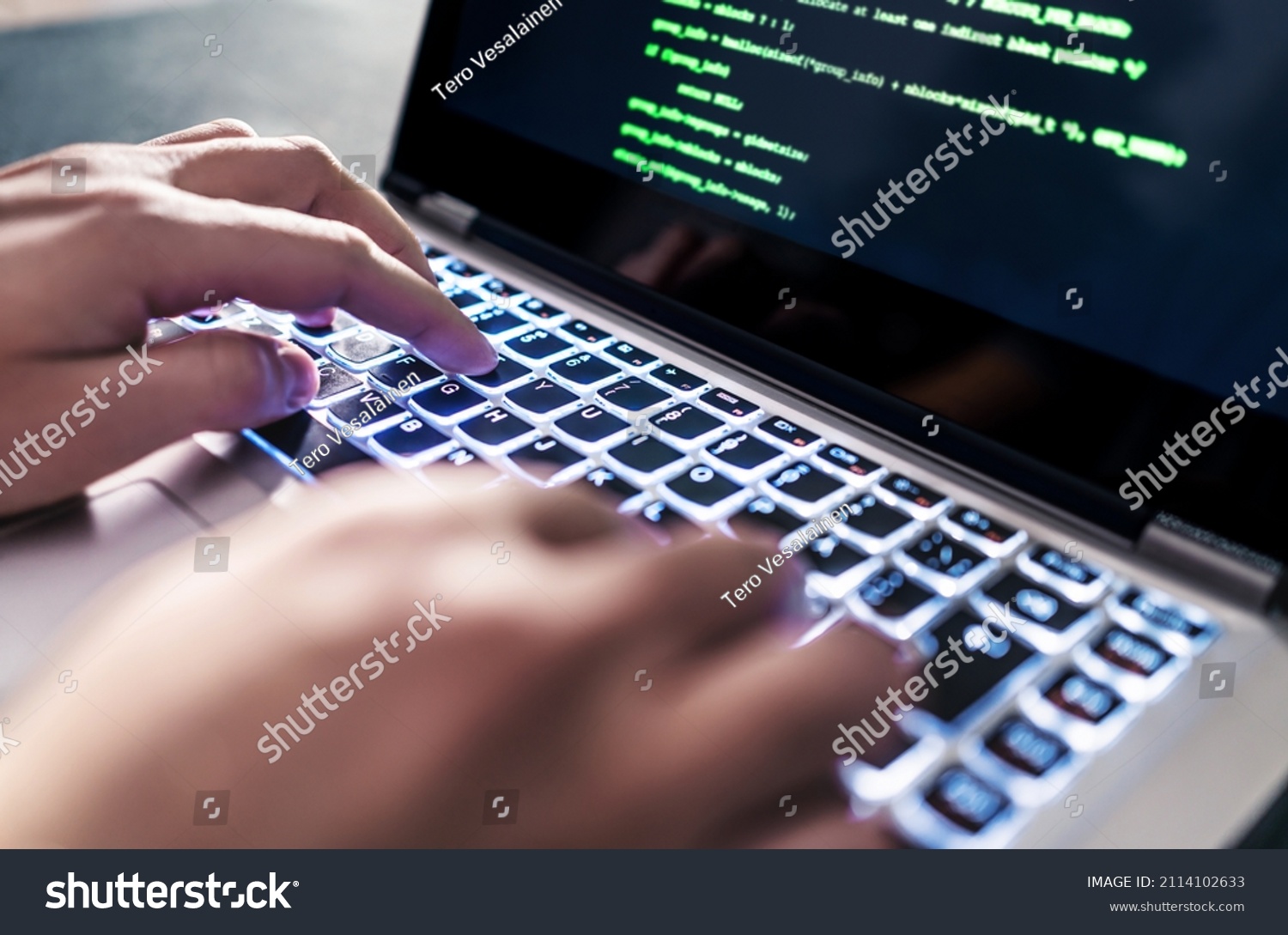 Hacker code in laptop. Cyber security, privacy or hack threat. Coder or programmer writing virus software, malware, internet attack or developing digital design. Green web data in computer screen. #2114102633