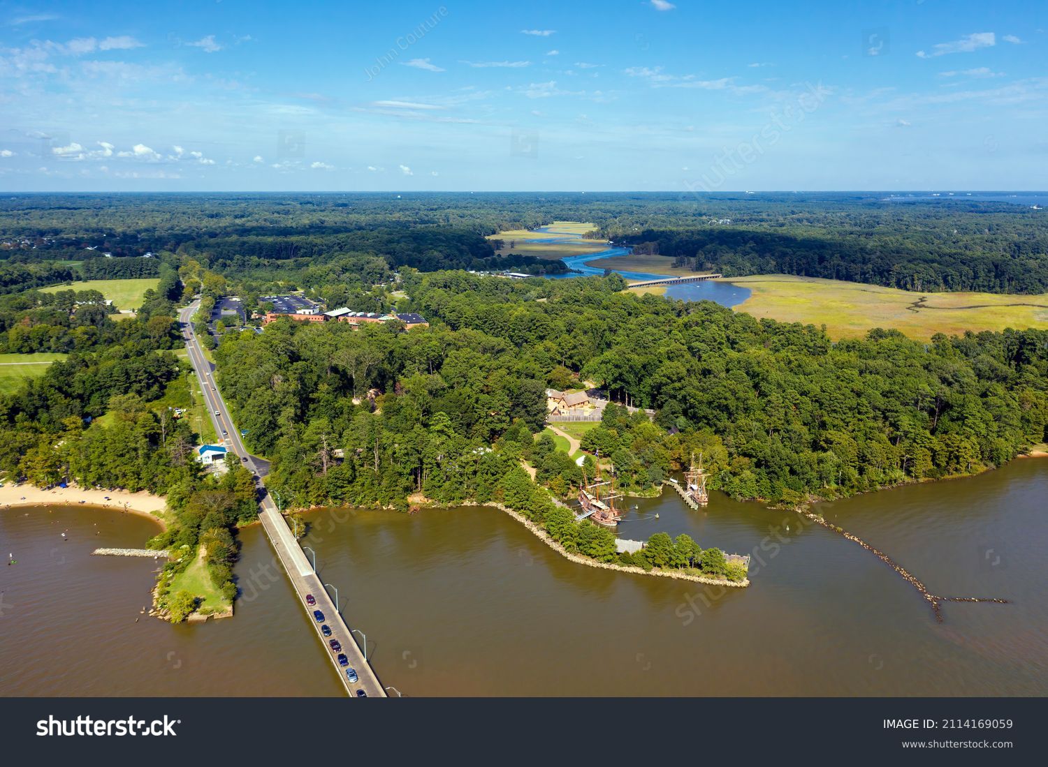 Aerial view of historic area of Jamestowne Village in Virginia #2114169059