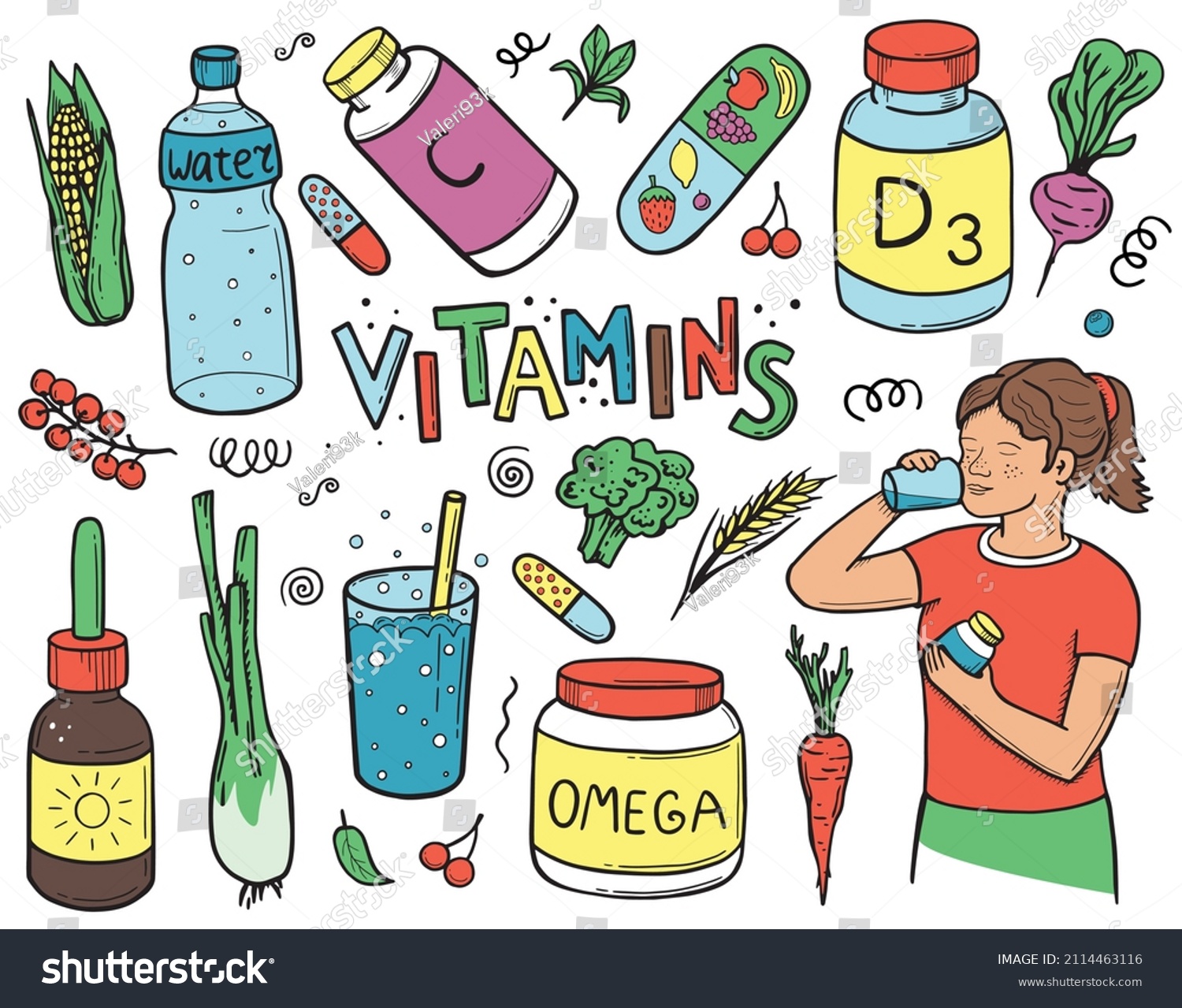 Vector color drawing of vitamins and supplements Royalty Free Stock