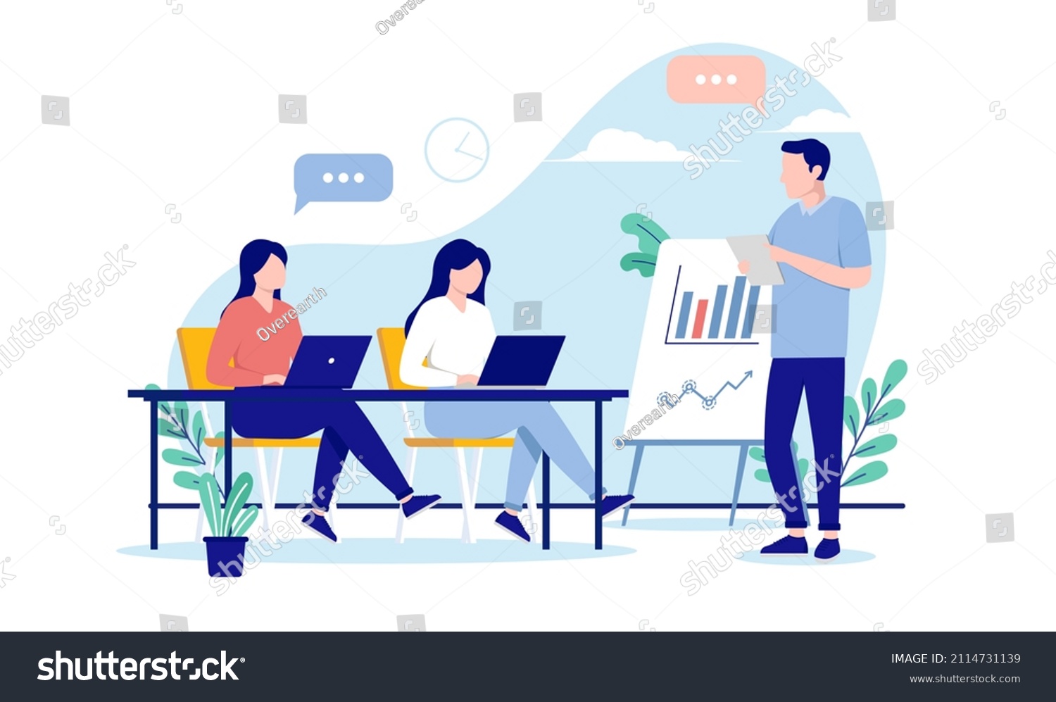 Business course - Male teacher presenting graphs and charts to students. Flat design vector illustration with white background #2114731139