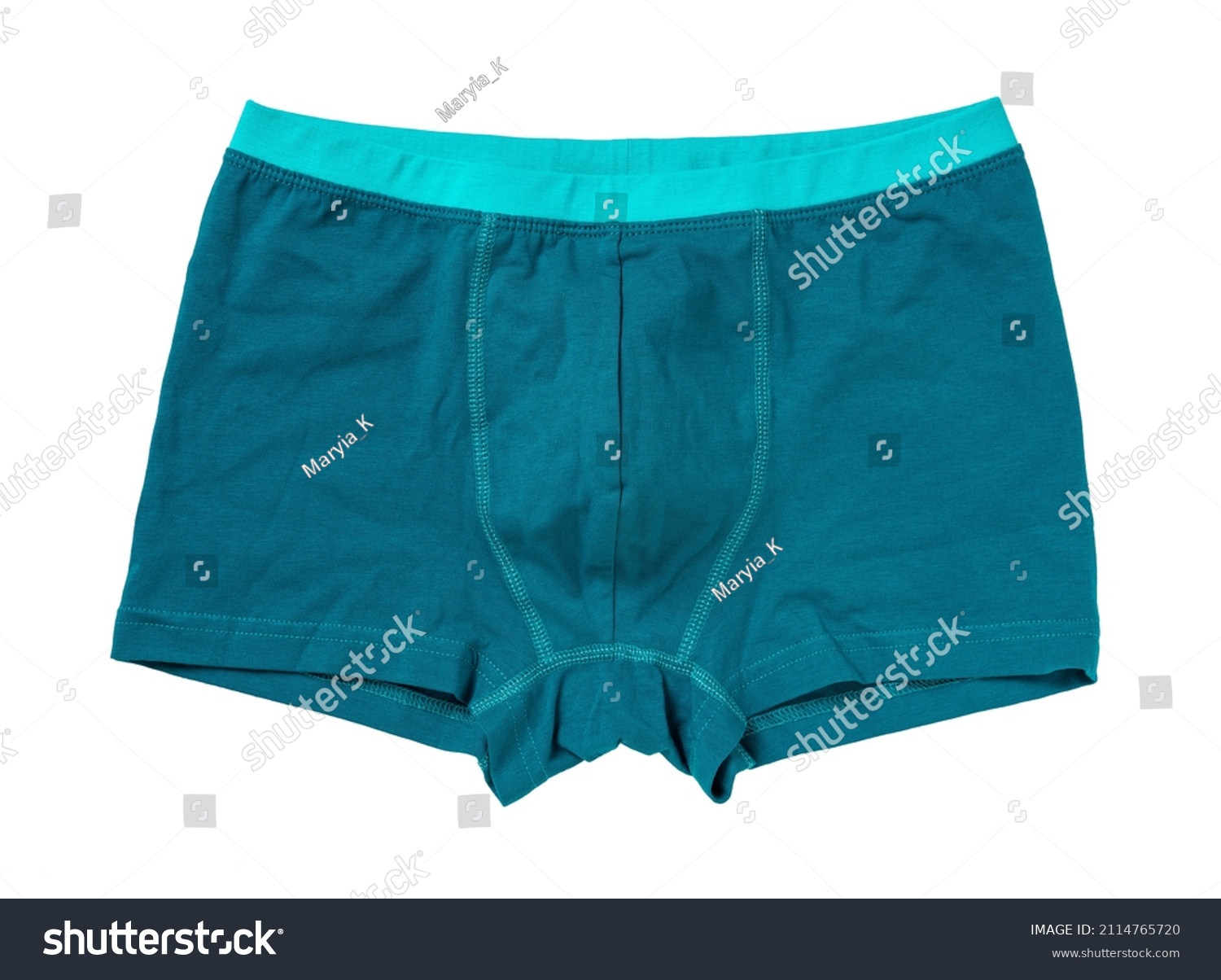 Mens boxer briefs isolated on a white background. Blue male underwear cutout. Man trunks of elastic cotton fabric close-up. Modern mens underpants concept. New clean underclothes. Top view. #2114765720