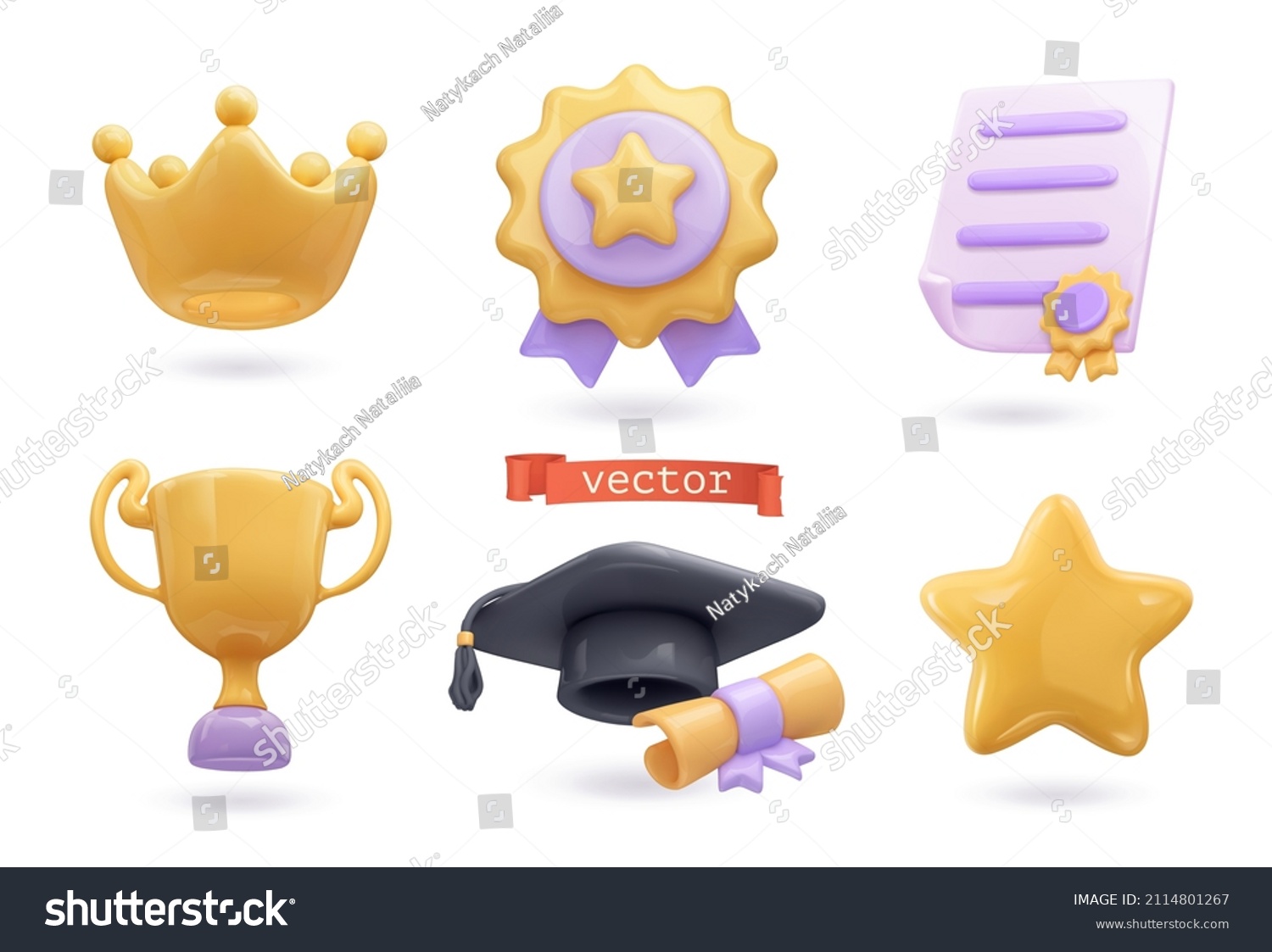 Awards icon set. Crown, medal, certificate, prize, graduation cap, star. 3d vector render objects #2114801267