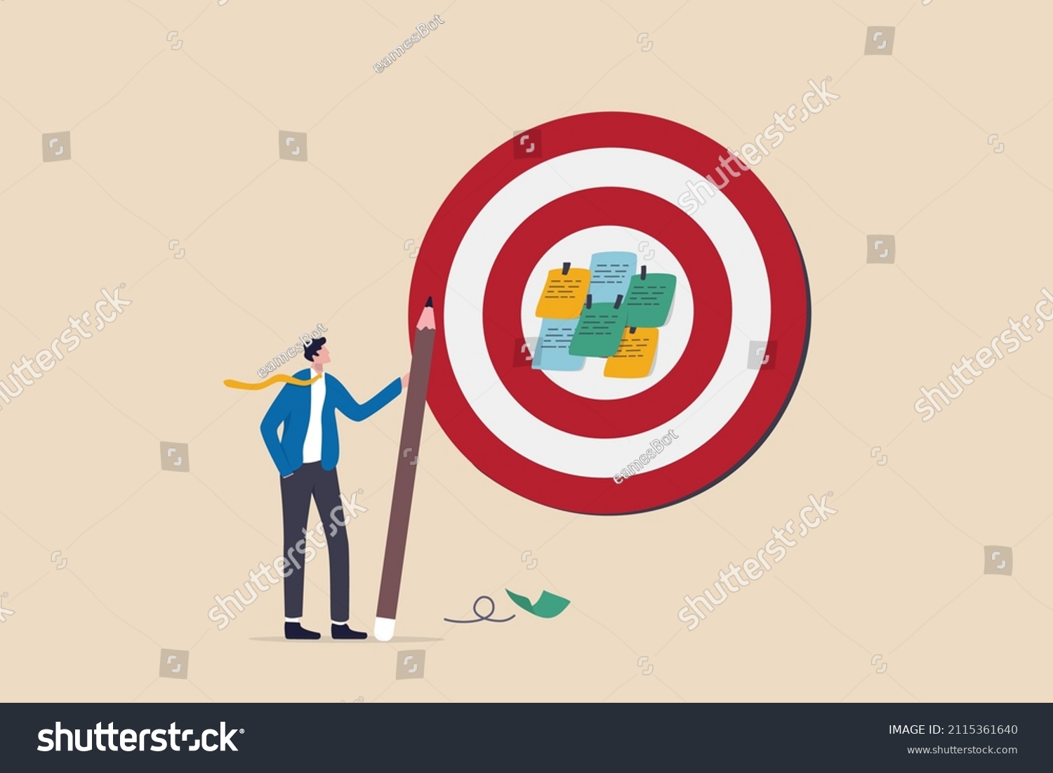 Goal setting, achievable target or purposeful objective, mission to accomplish or challenge to win for business success concept, businessman write down goal on notes and put on big dartboard target. #2115361640