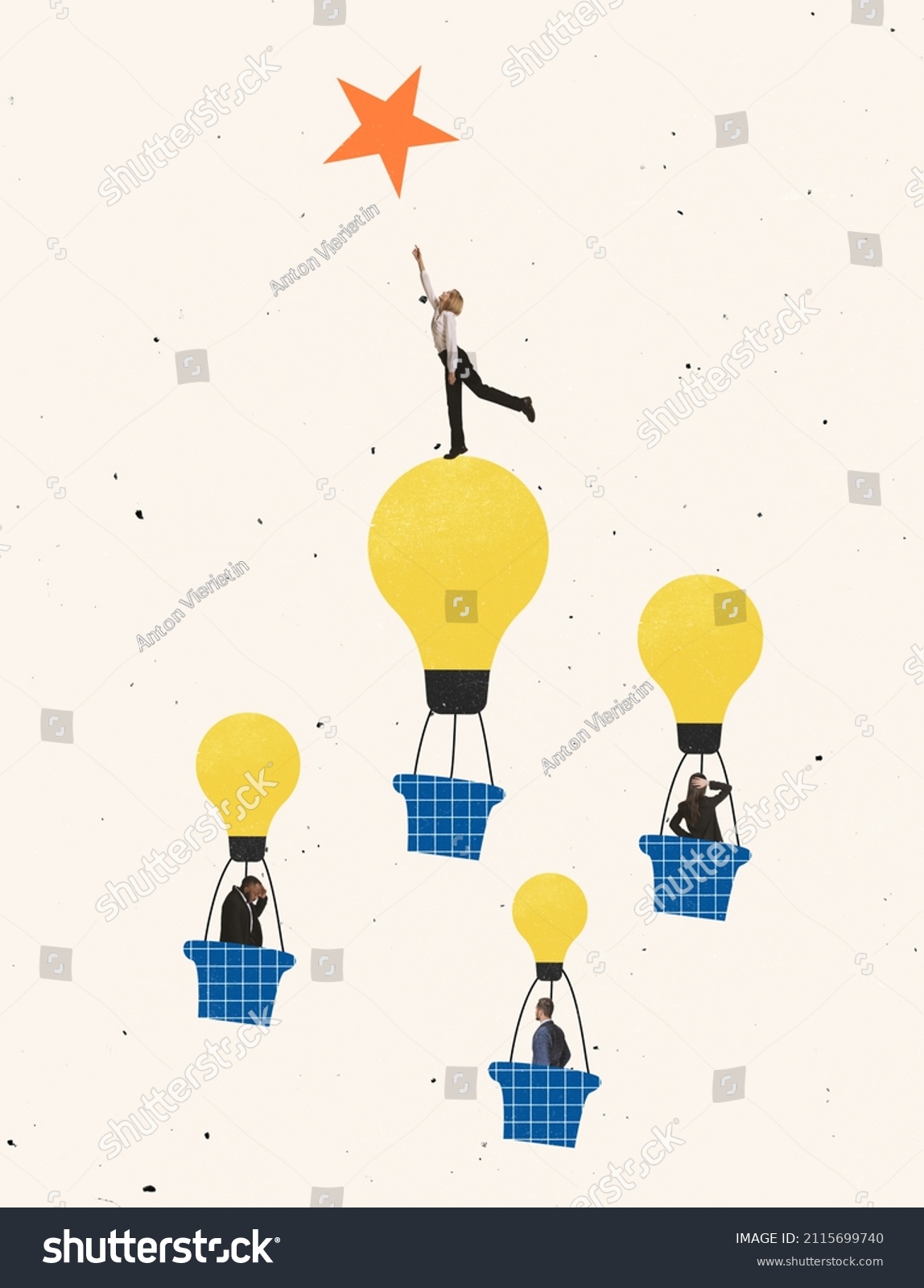 Creative design. Contemporary art collage. Employees on hot air balloons flying upwards to the star symbolizing creativity and promotion. Concept of business, ideas representation, team, motivation #2115699740