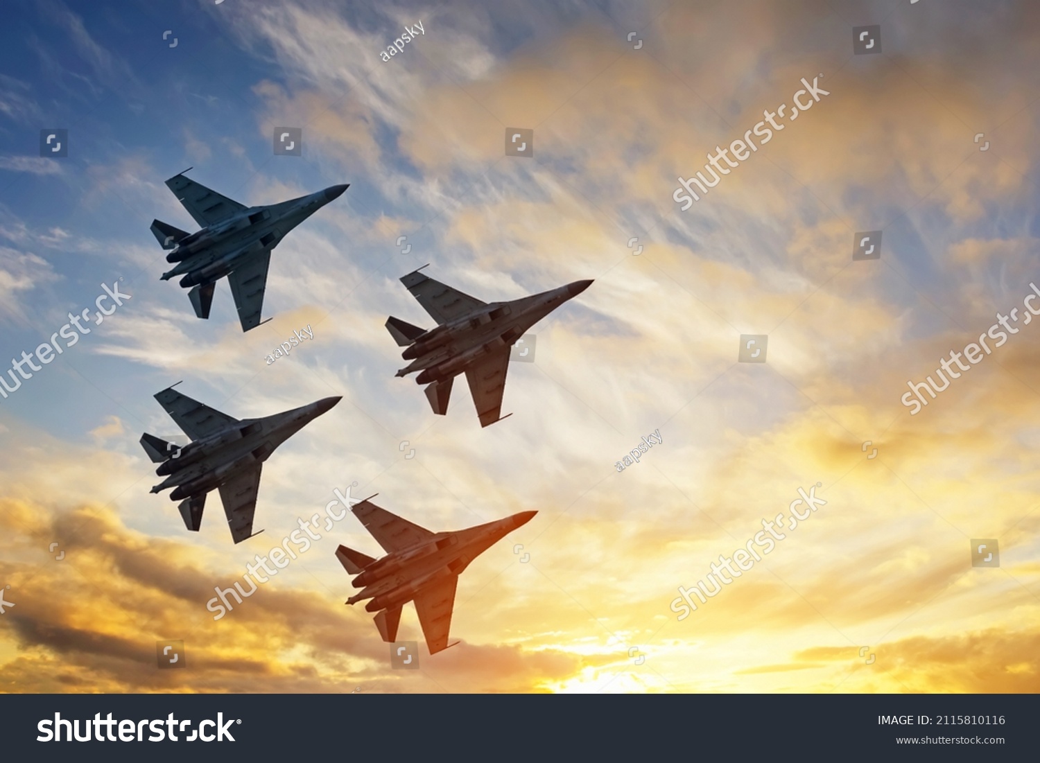 Four fighter jets in the shape of a diamond in the sky beautiful sunset #2115810116