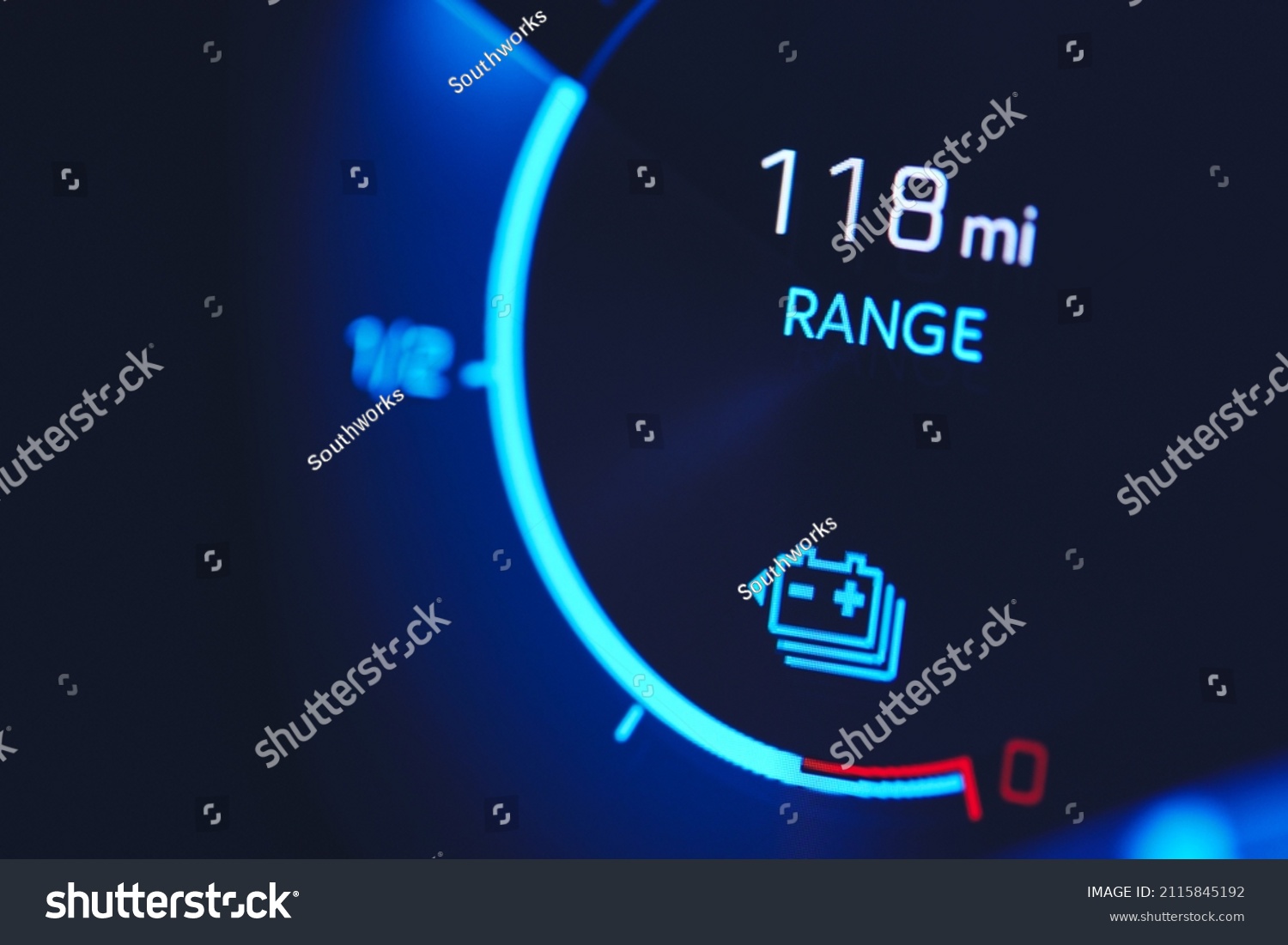 Close-in shot of electric car battery range gauge in blue #2115845192