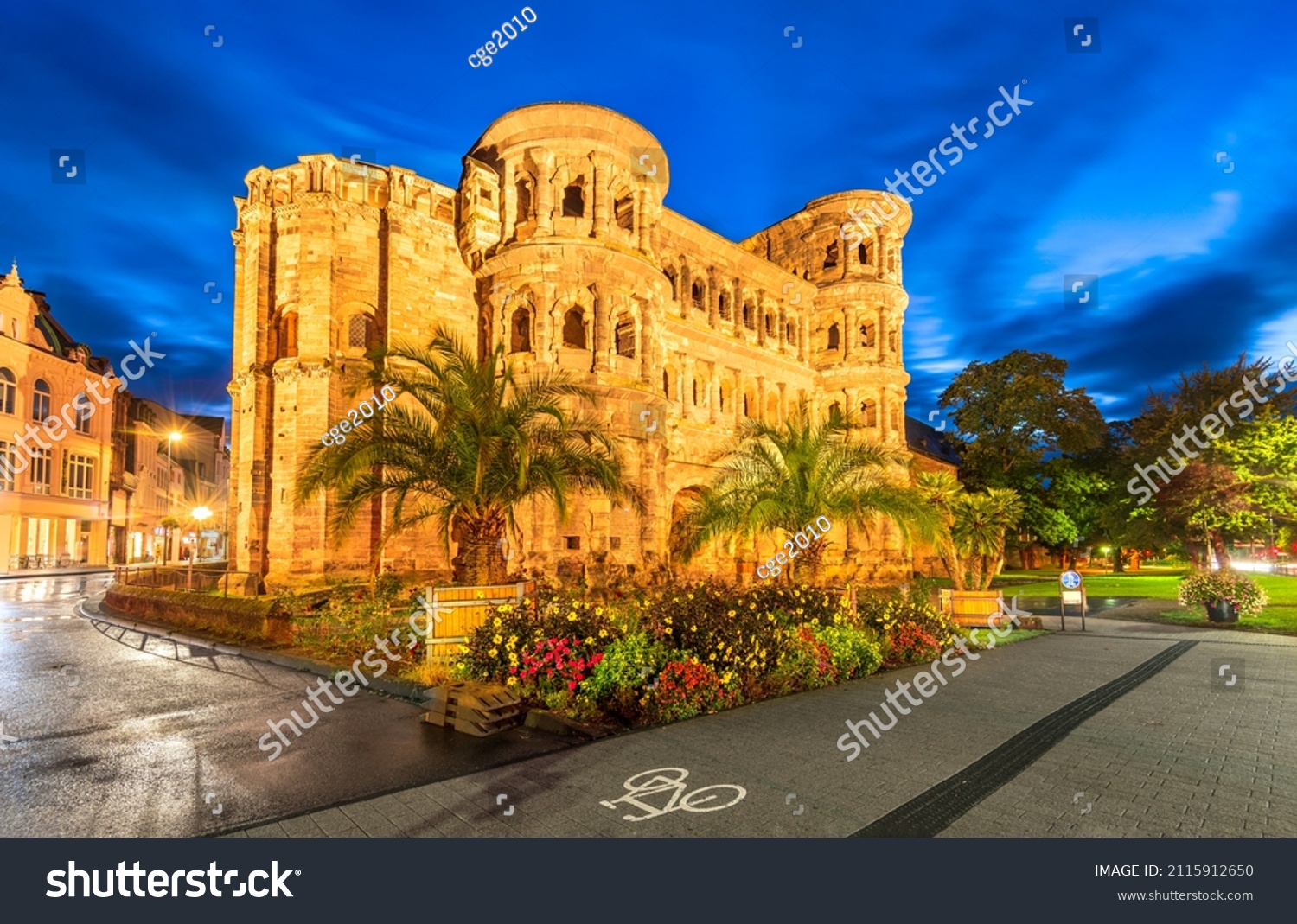 Trier, Germany. Famous Porta Negra night illuminated. Ancient roman city Augusta Treverorum. Rheinland-Pfalz land. #2115912650