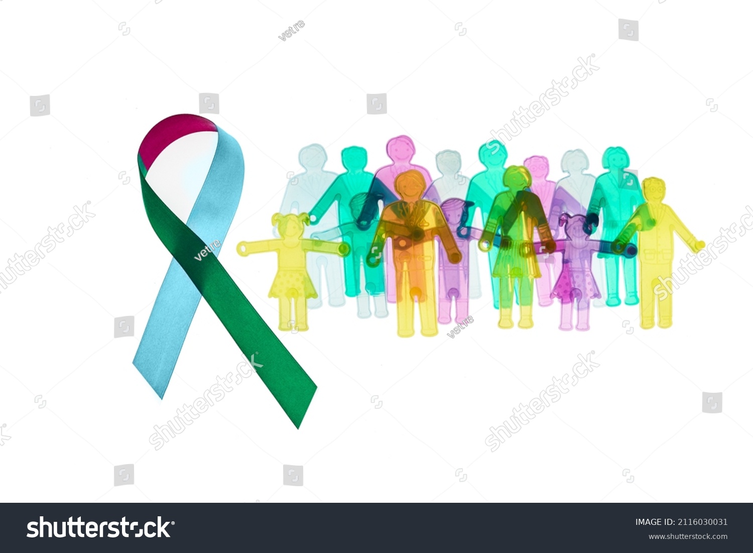 Rare Disease Day Background. Colorful awareness ribbon with group of people with rare diseases. #2116030031
