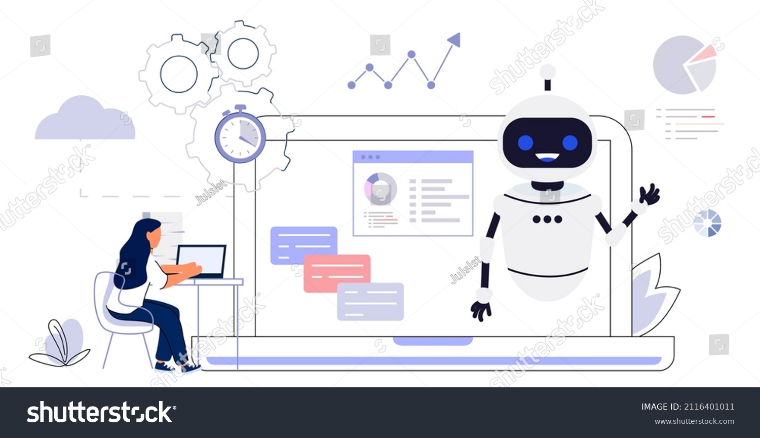 RPA Robotic process automation innovation technology Artificial intelligence web banner layout Business industry, bot, algorithm, coding, analyze, automate, check and loop Vector illustration concept #2116401011