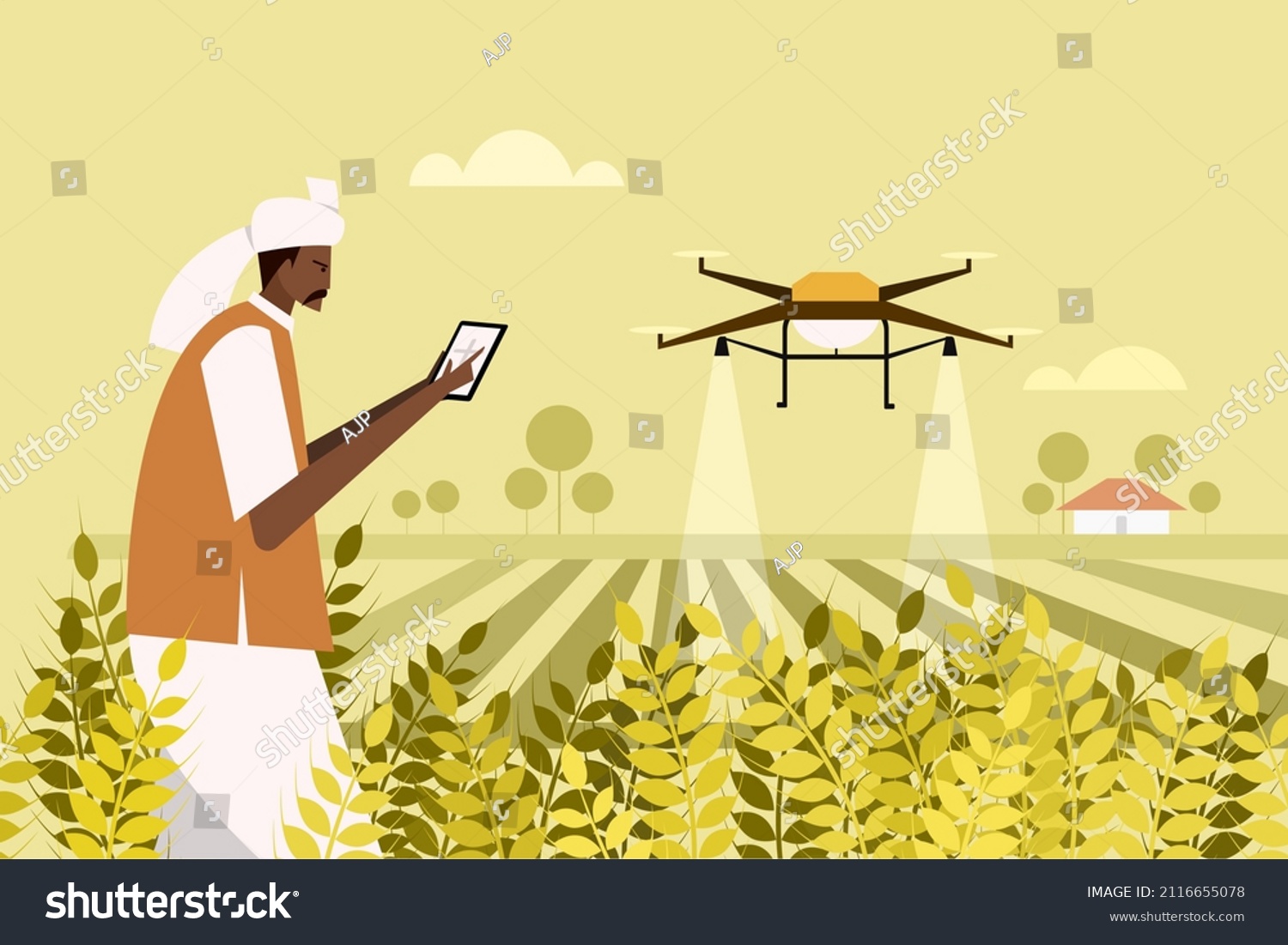 An Indian farmer using a drone for spraying fertiliser in the agricultural field #2116655078
