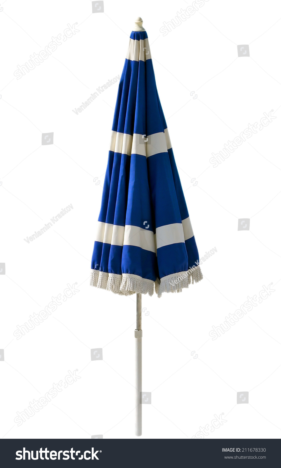 Blue beach umbrella isolated on white. Clipping path included. #211678330