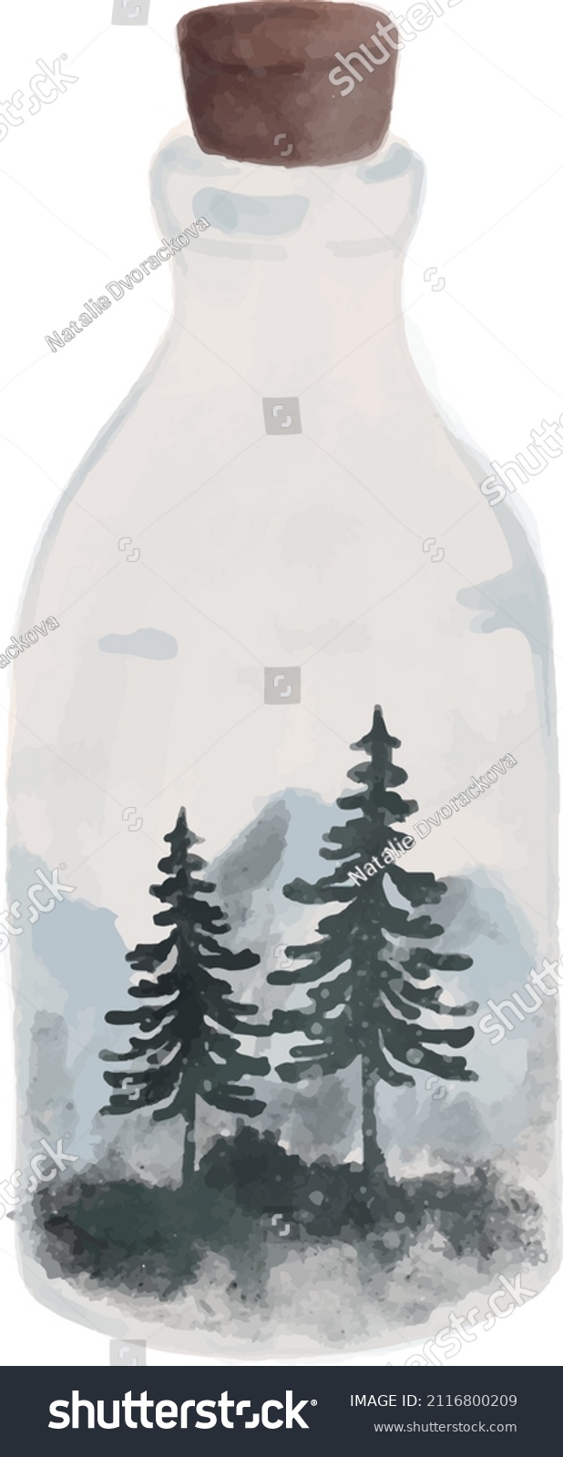 Handpainted watercolor vector illustration of mountains and forrest in a bottle. Ideal for print, graphic design, collage, stickers, scrapbooking, web and other creative projects. #2116800209