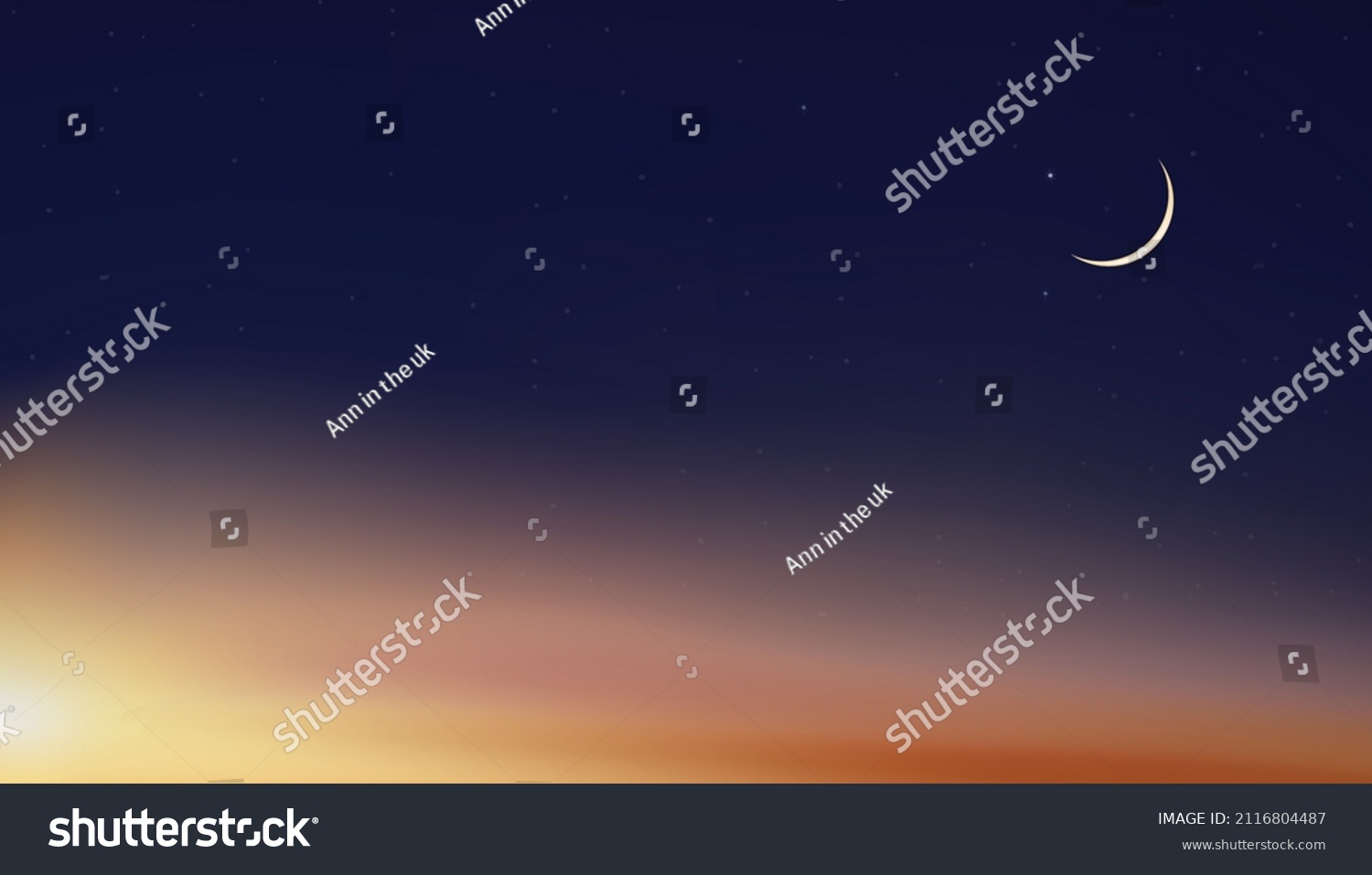 Sky Night,Ramadan Kareem Background with Crescent moon,Star with twilight dusk Sky,Vector Greeting festive for symbolic of Muslim culture ,Eid Mubarak,Eid al adha,Eid al fitr,Islamic new year,Muharram #2116804487