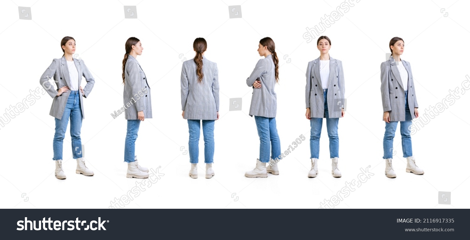 Youth fashion. Set of images of young girl wearing casual style clothes standing isolated over white background. Profile, front and back view. Horizontal flyer with copy space for ad, text #2116917335