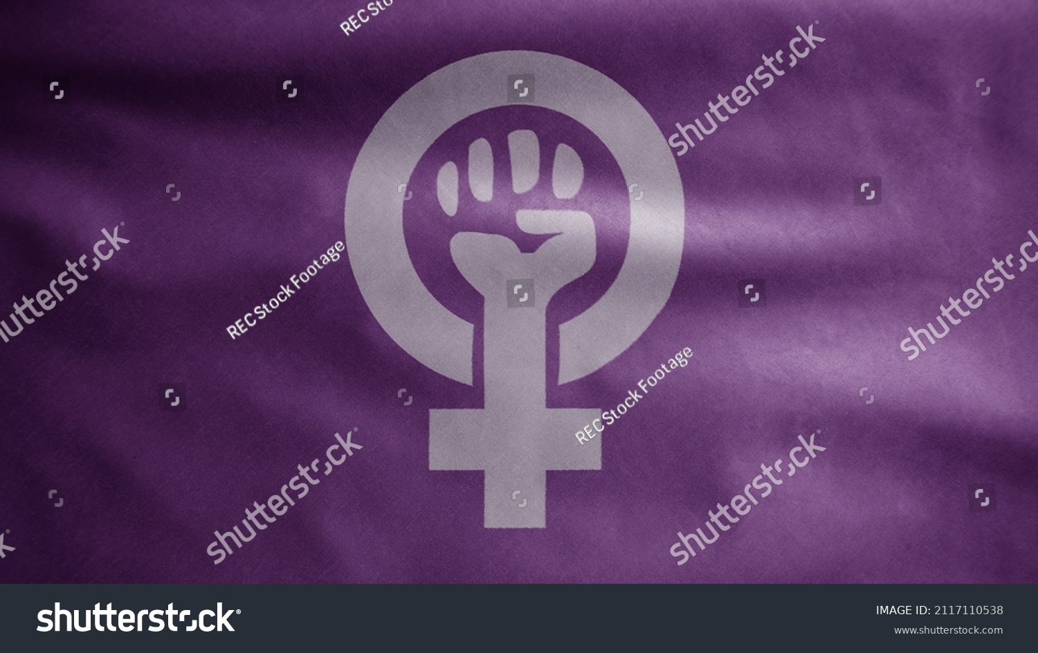Women resist symbol with purple flag waving on wind. Girl power fist illustration background. Hand drawn feminism motivational slogan isolated. Human arm with clenched fingers. #2117110538