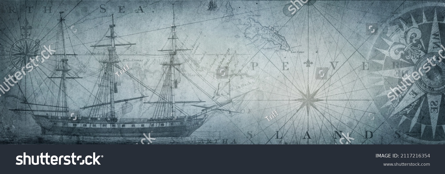 Old sailboat, compass and ancient  map historical background. A concept on the topic of sea voyages, discoveries, pirates, sailors, geography and history. Efect of overlay on old texture of paper.  #2117216354