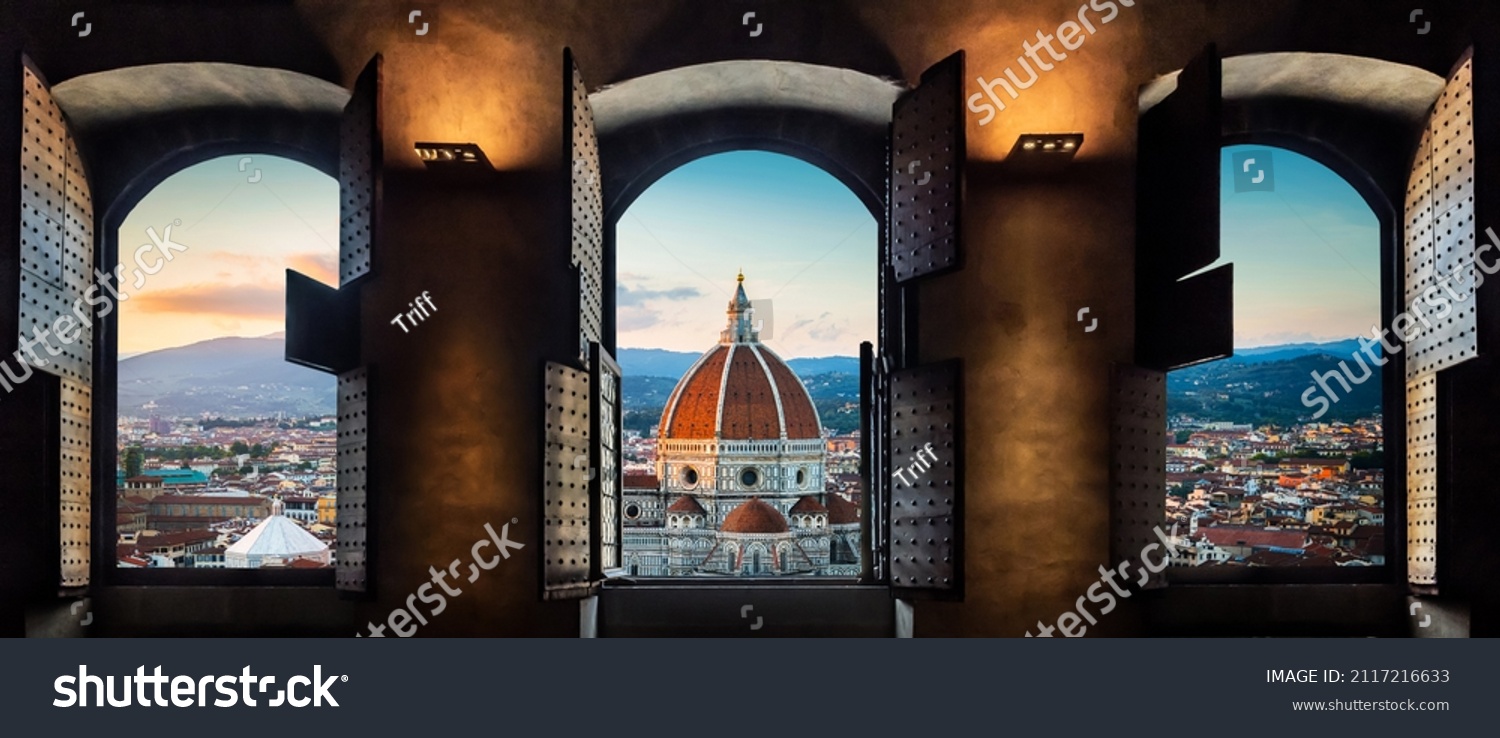 View from the old window on Florence Duomo Basilica di Santa Maria del Fiore.  Florence, Italy. Collage of the historical theme and the theme of travel. #2117216633