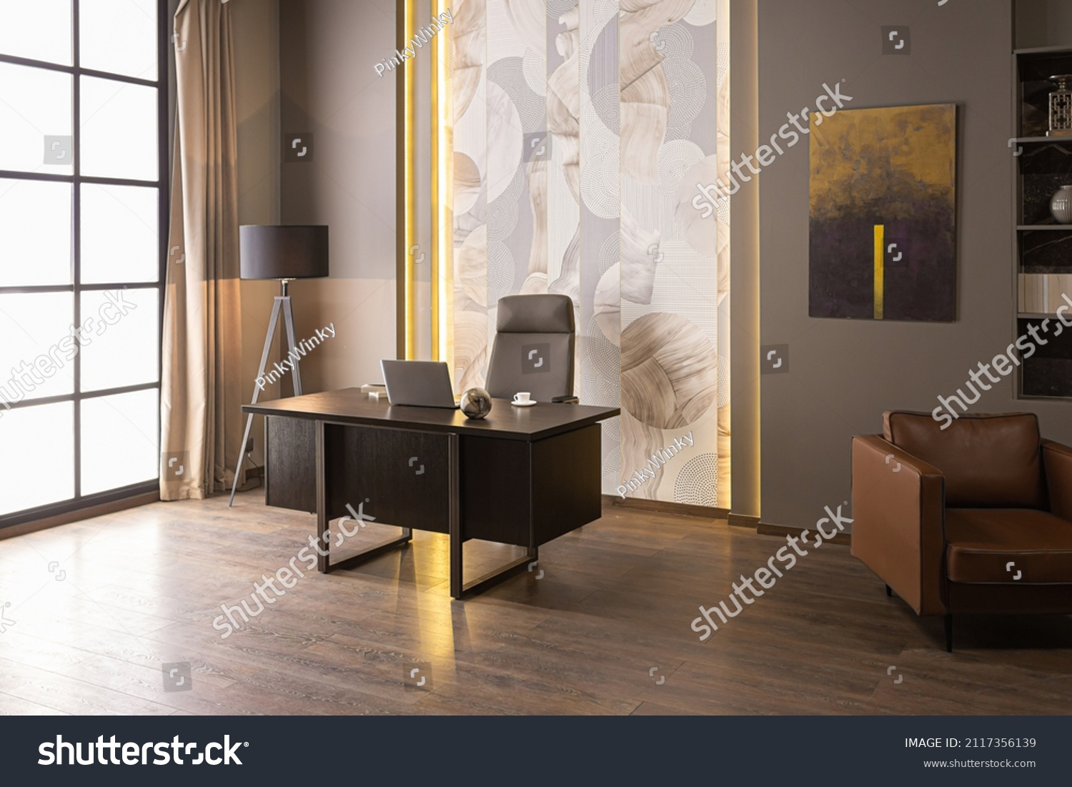 stylish luxury home office interior in an ultramodern brutal apartment in dark colors and cool led lighting #2117356139