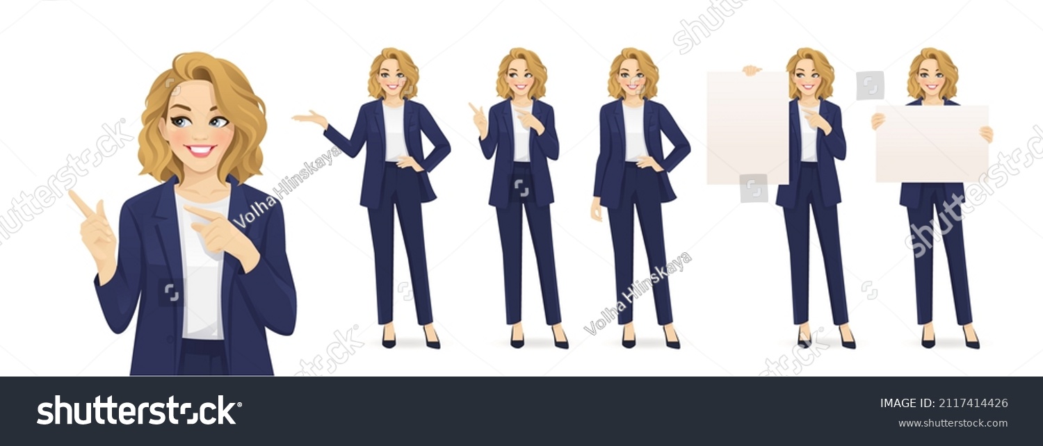 Elegant beautiful business woman in different poses set. Various gestures pointing, showing, standing, holding empty blank board isolated vector illustration #2117414426