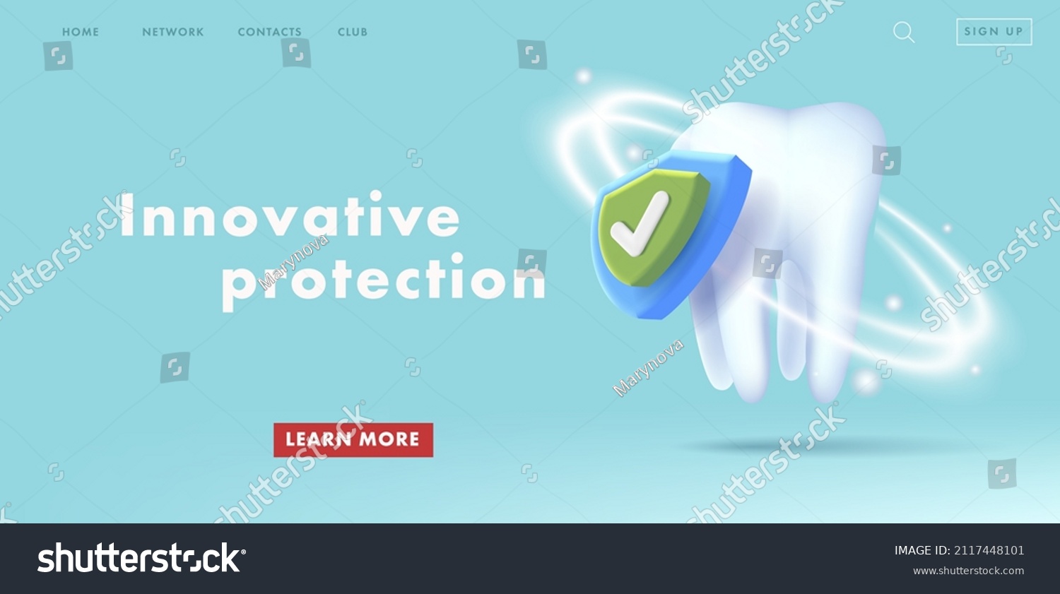 Web banner with 3d illustration of a Healthy tooth and protective shield, anti-caries protection concept composition #2117448101