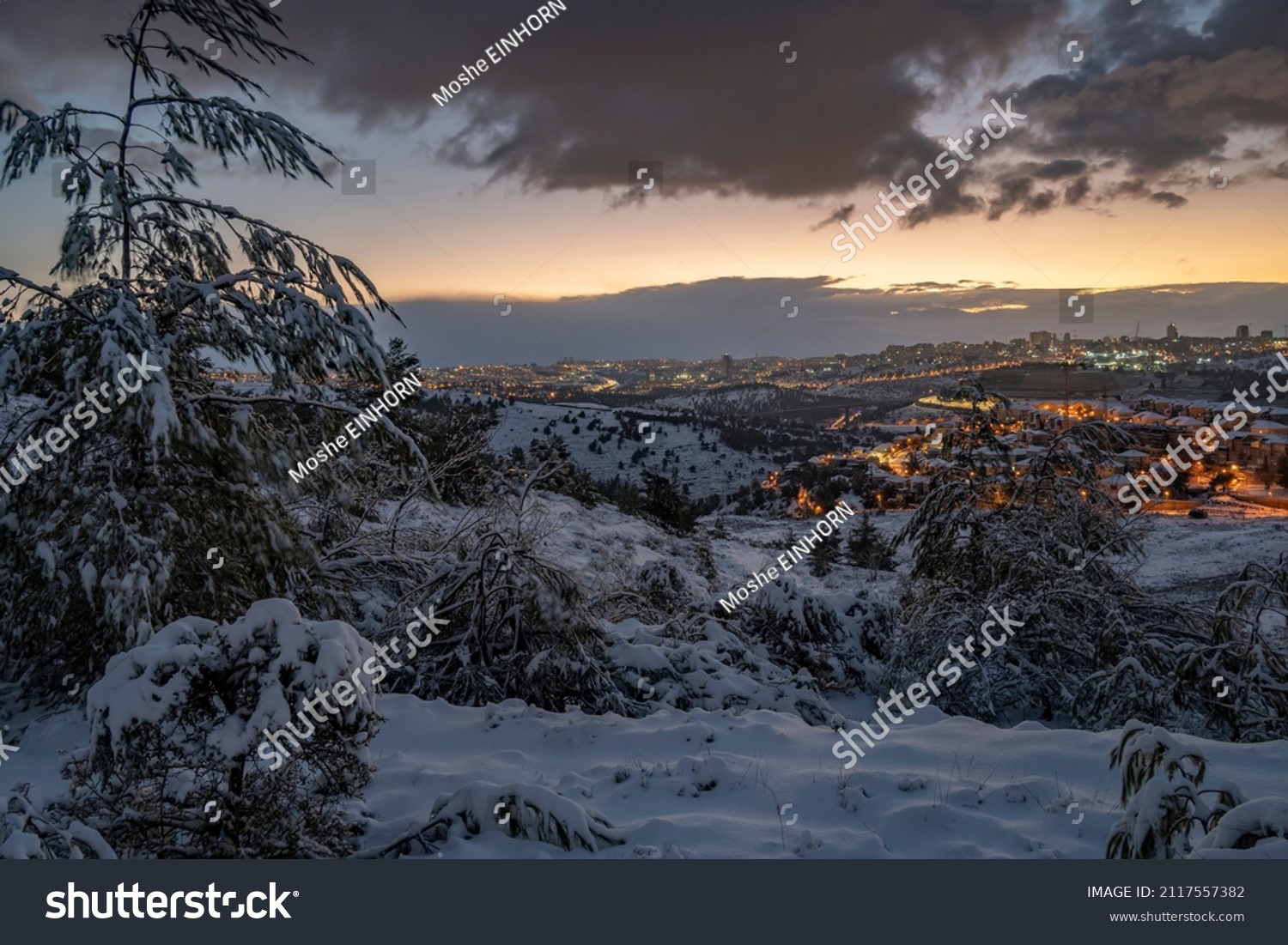 A sunrise over the snow covered Jerusalem, Israel, and the Judea mountains. #2117557382