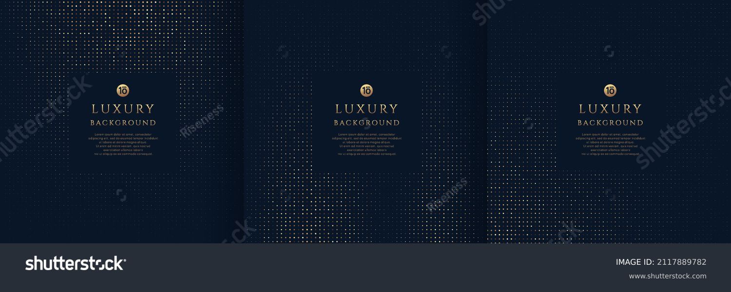 Set of glowing golden dots glitter overlapping on dark blue background. Collection of luxury and elegant halftone pattern with copy space. Vector design for cover template, poster, banner, print ad. #2117889782