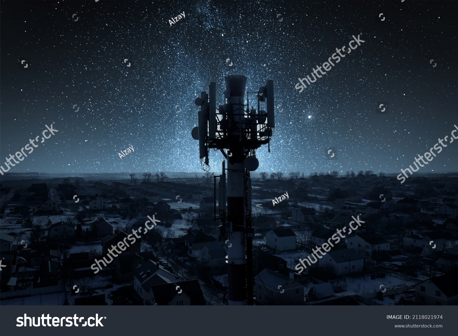 Telecommunication tower of 4G and 5G cellular. Base Station or Base Transceiver Station. Wireless Communication Antenna Transmitter. Telecommunication tower with antennas against blue sky. #2118021974