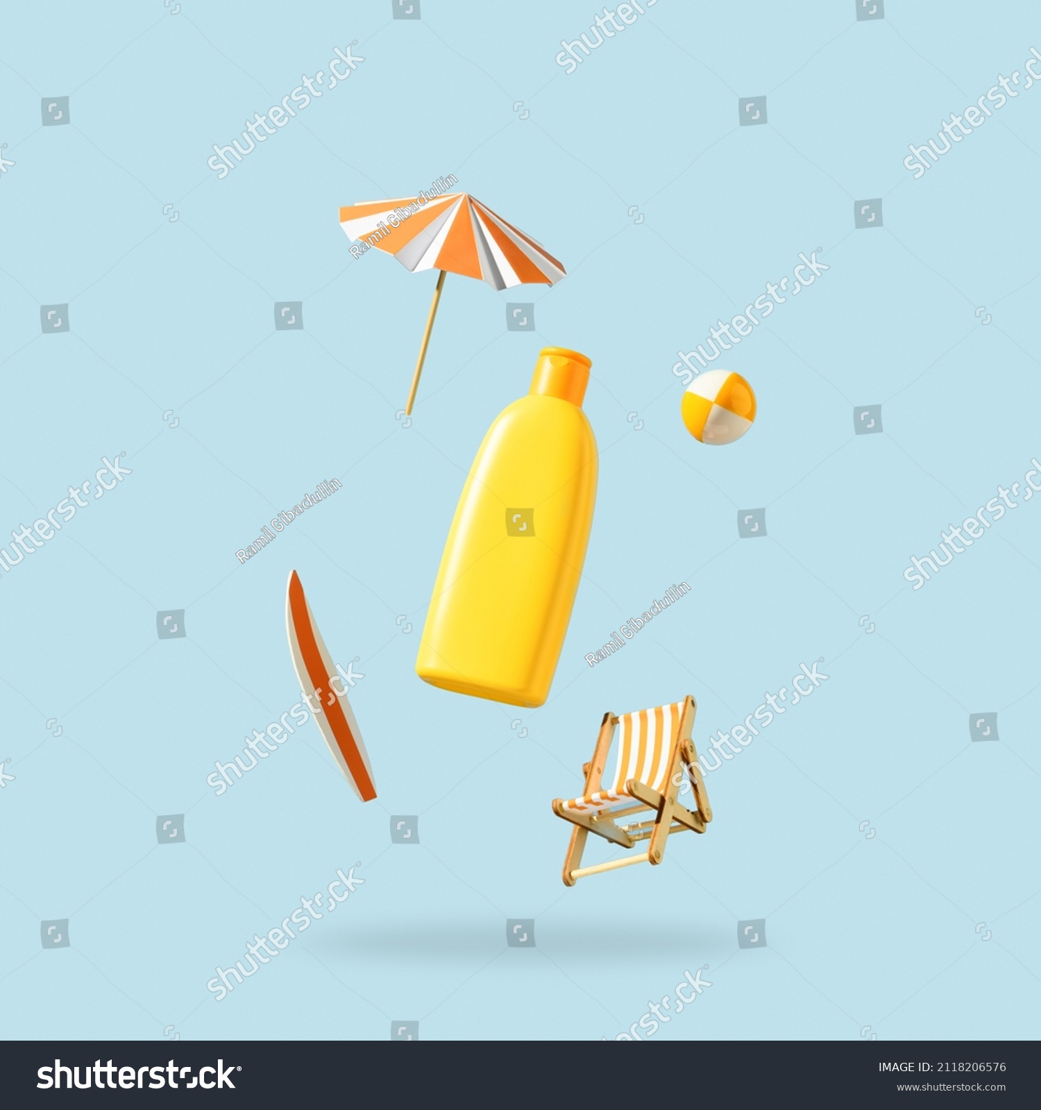 Orange bottle for cosmetics products and beach accessories flying in antigravity on pastel blue background. Levitation. Skincare creative concept. Mockup #2118206576