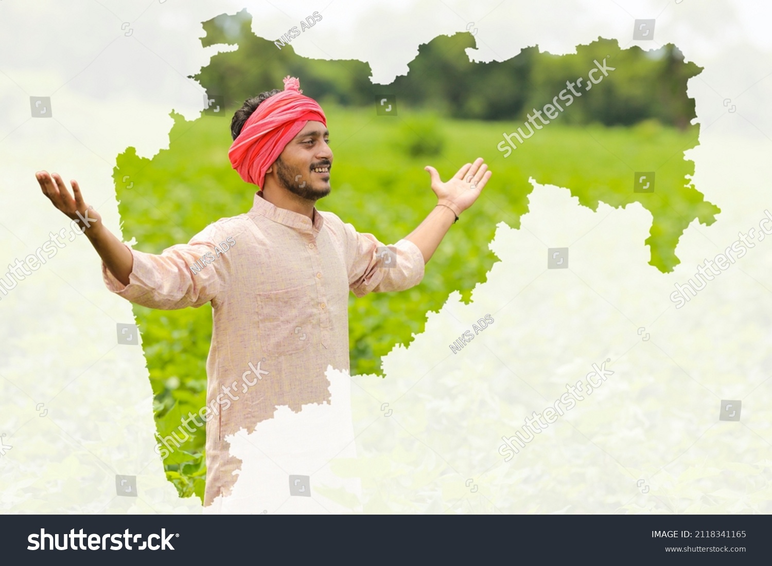 Map of Maharashtra shows farmer portrait white gradient background, Indian agriculture, Kisan diwas concept #2118341165