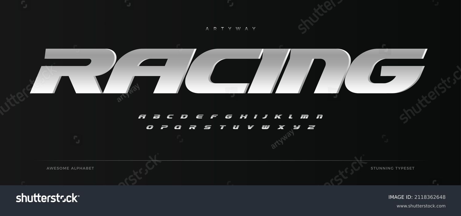 Racing alphabet. Speed sport font, automotive type for modern dynamic logo, headline, auto car branding and merchandise, typography and packaging. Wide bold italic letters, vector typographic design #2118362648