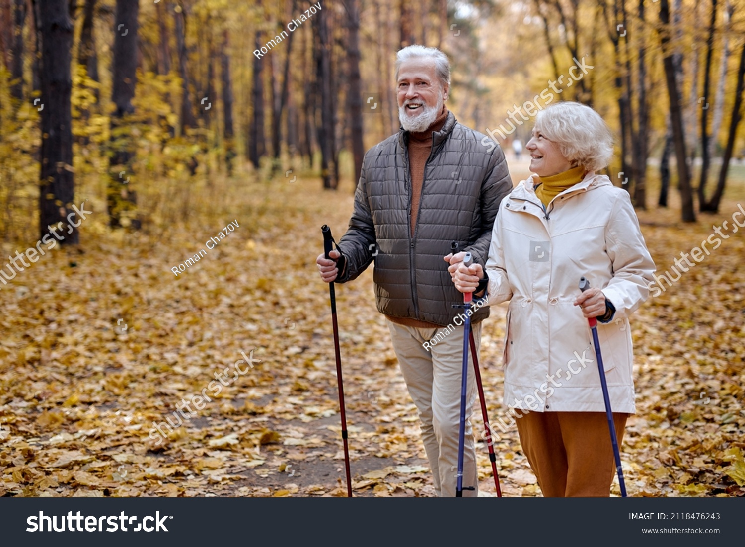senior elderly grandmother grandfather training Nordic walking with ski trekking poles in forest. Old man woman tourists hiking with sticks in forest. Active rest outdoors of mature couple #2118476243