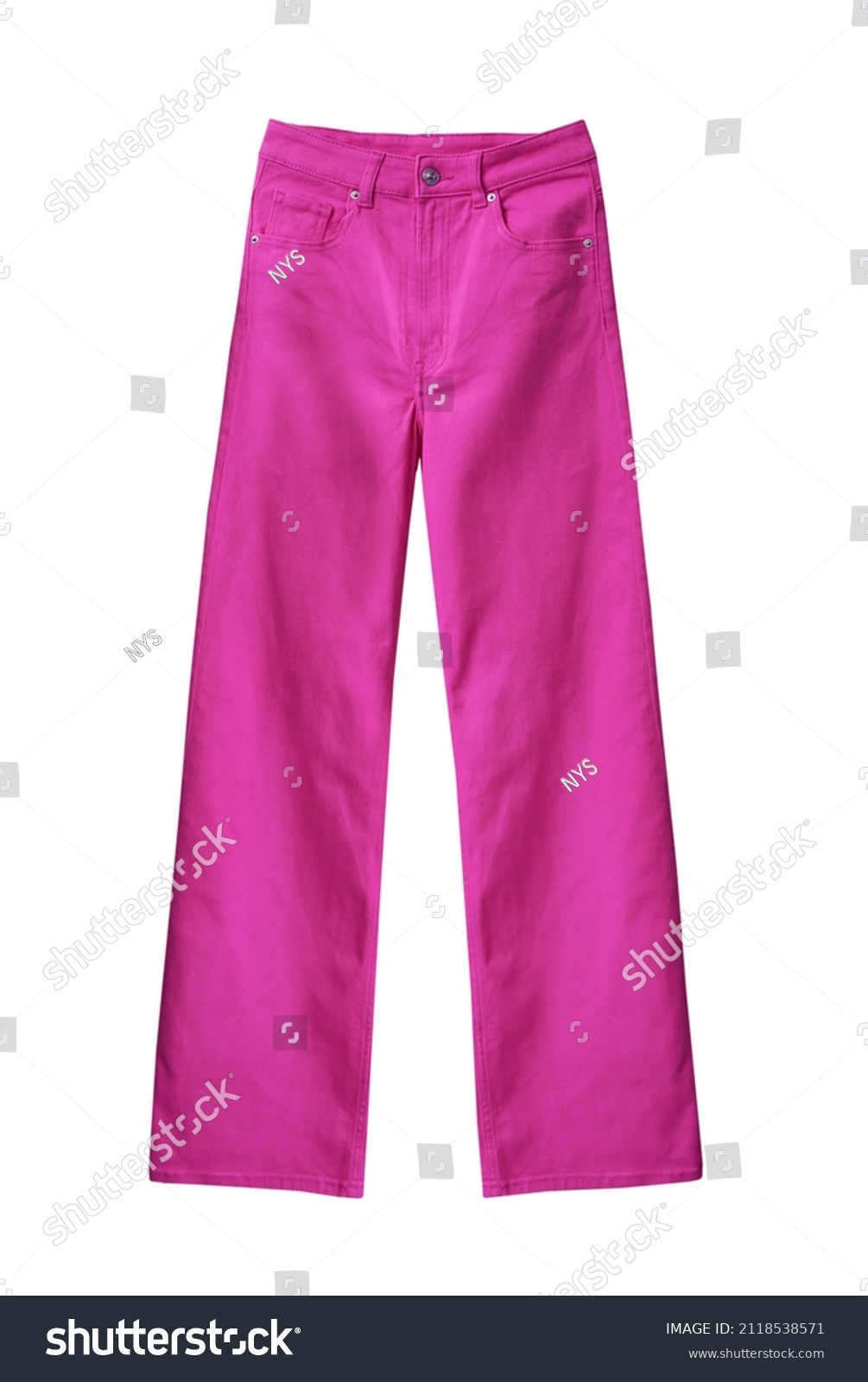 Fuchsia color jeans isolated on white. Trending clothing. Pink pants. #2118538571