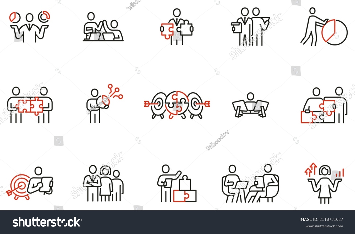Vector set of linear icons related to business leadership, relationship, human resource management, cooperation and team work. Mono line pictograms and infographics design elements - part 2 #2118731027