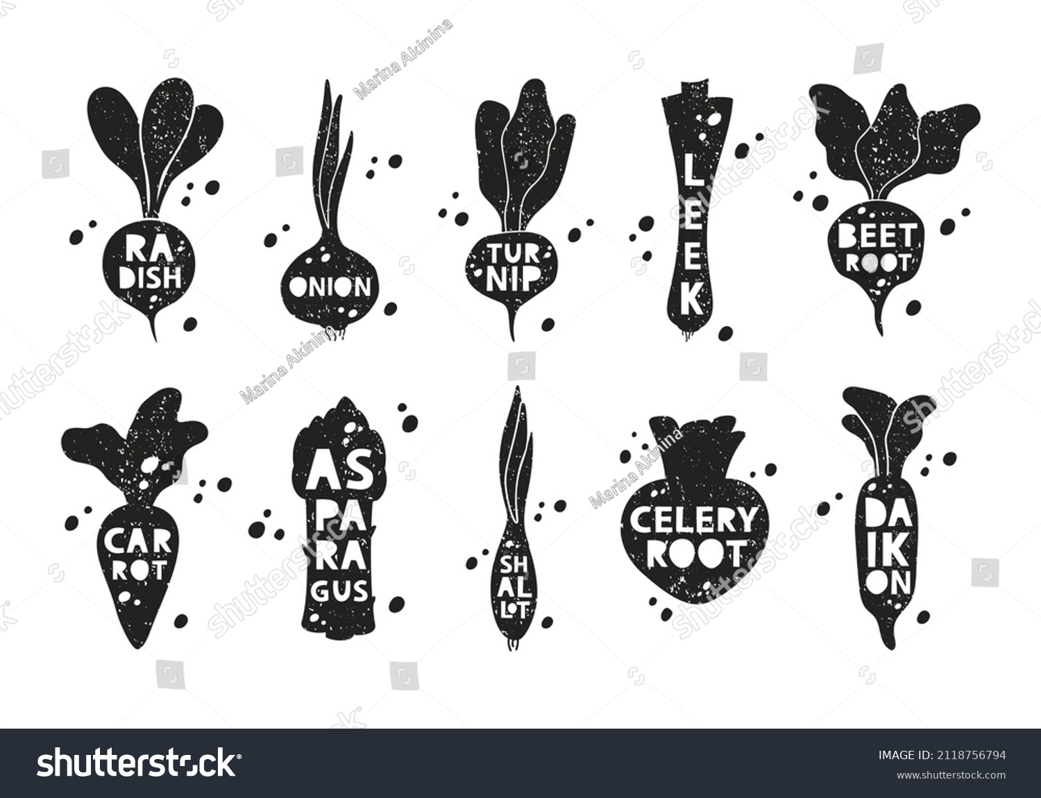 Vegetable and root crops, grunge stickers set. Radish, onion, turnip, beet, leek, carrot, daikon, asparagus, shallot, celery. Black texture silhouette, lettering inside. Imitation of stamp with scuffs #2118756794