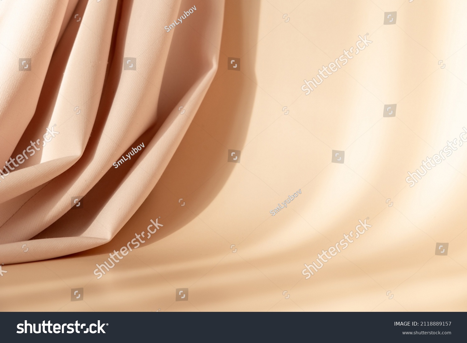Abstract 3d studio with draping silk fabric and shadow on cream beige pastel monochrome background for cosmetic product presentation. Empty room, scene, podium or stand with copy space. #2118889157