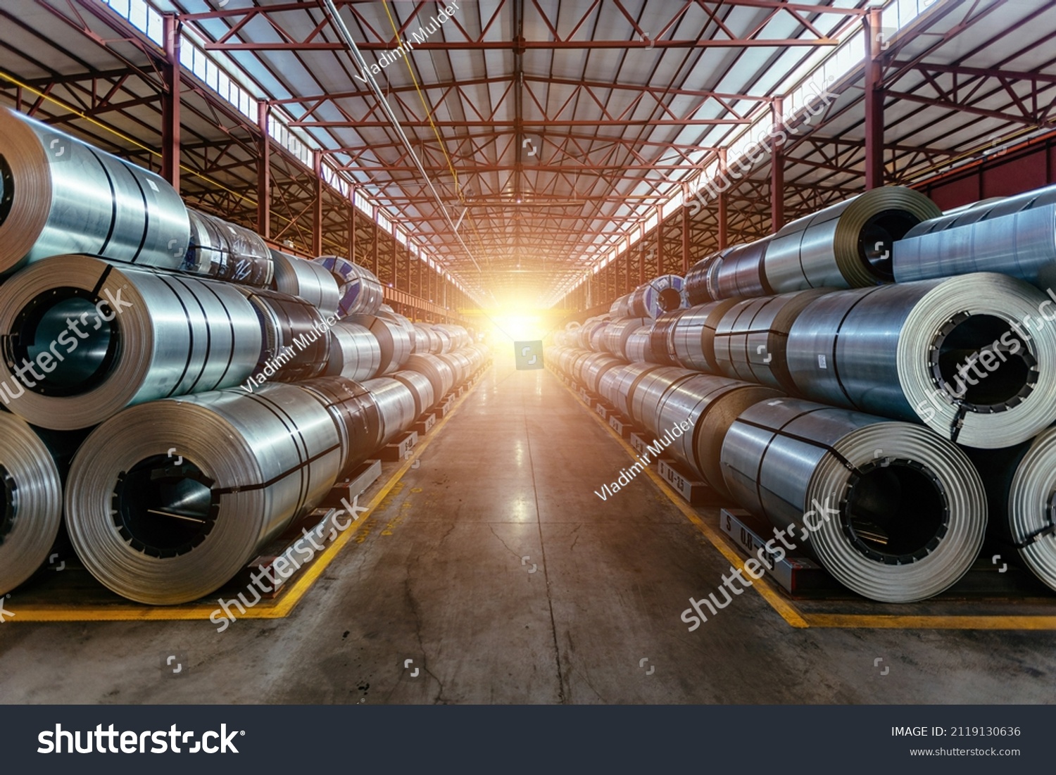Rolls of galvanized steel sheet inside the factory or warehouse. #2119130636
