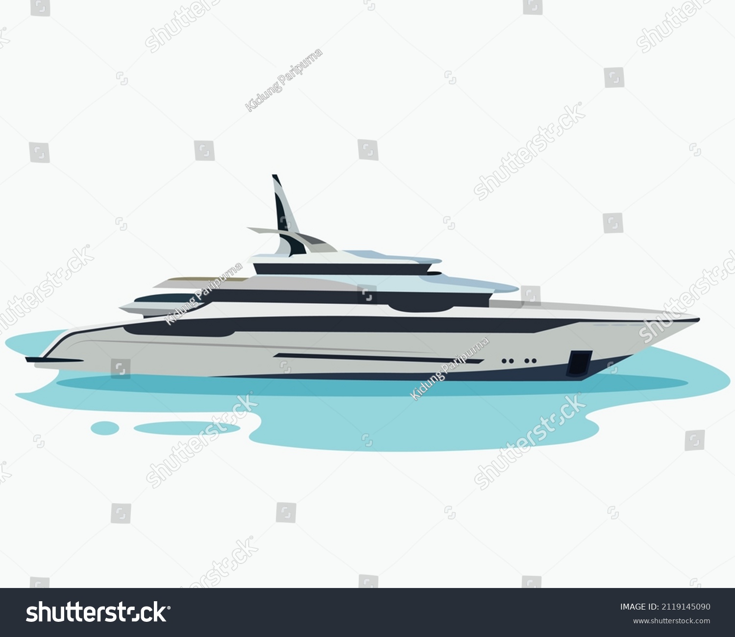 Super motor yacht at sea. Vector illustration of yacht or vessel with solid background. Luxurious ship for trip or party in the ocean, yacht illustration for rent or for sale, boat icon on the ocean #2119145090
