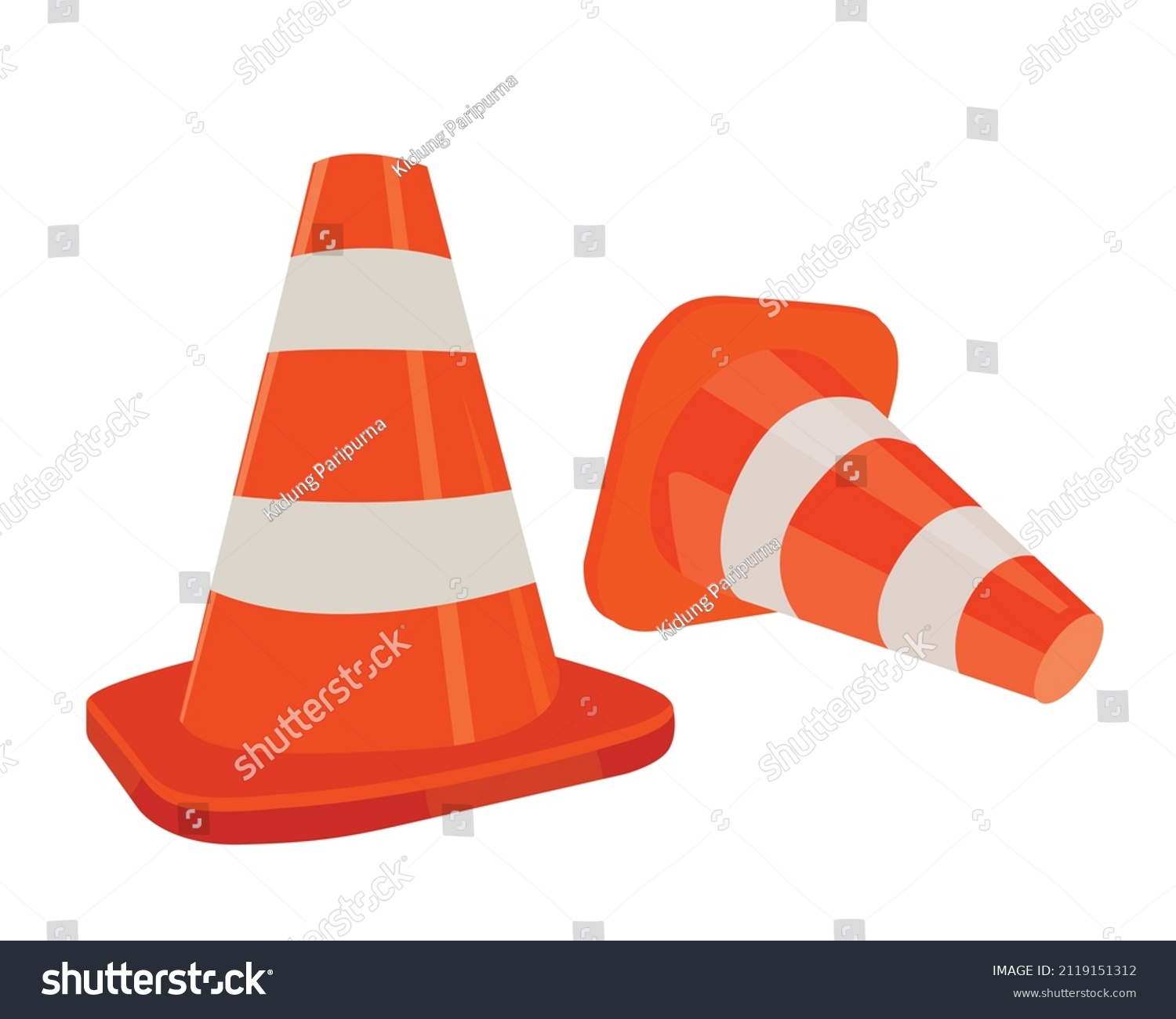 Vector illustration of plastic barrier and traffic cone and helm, construction and safety tool, white and orange traffic cone, red plastic barrier blocking pathway #2119151312
