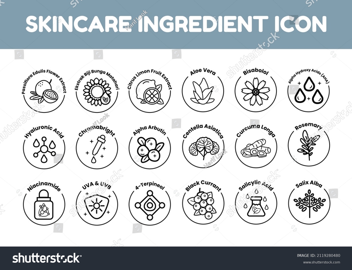 Vector set of design elements, icons, and badges for natural and organic cosmetics skincare ingredients in trendy linear style. Centella Asiatica, Curcuma Longa, Hyaluronic Acid, Chromabright, etc. #2119280480