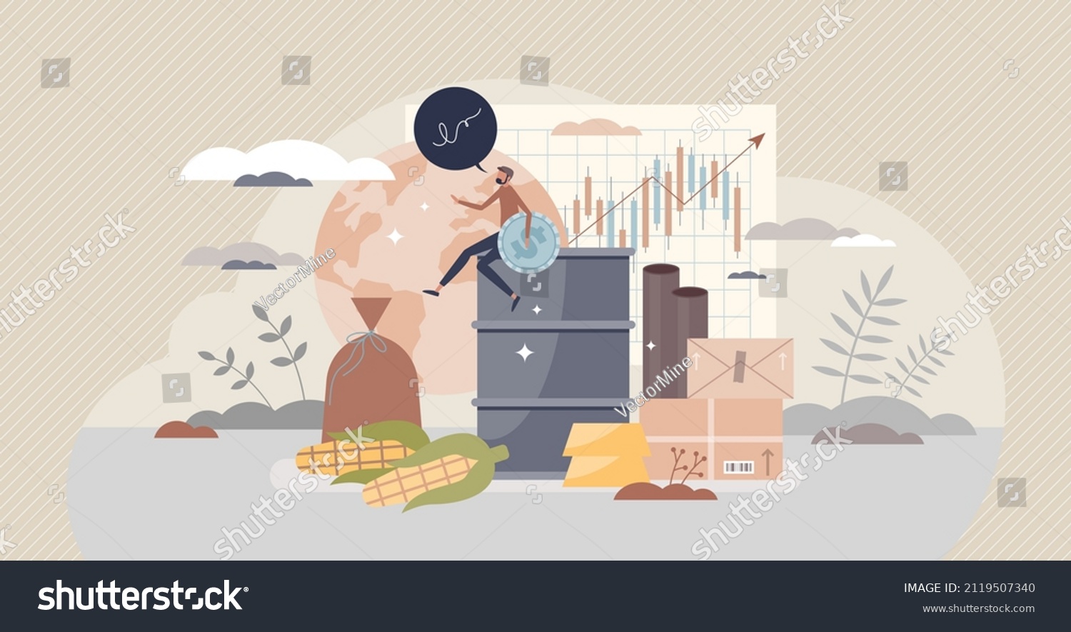 Commodities trading market as sell primary raw materials tiny person concept. Economic sector investment in goods such as gold, corn, wheat, oil barrels or gas for financial profit vector illustration #2119507340