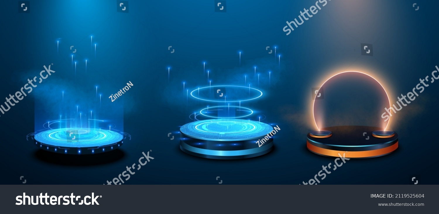 Circle portals, teleport, hologram gadget. Blank display, stage or magic portal, podium for show product in futuristic cyberpunk style. Sky-fi digital hi-tech elements for presentation product. Vector #2119525604